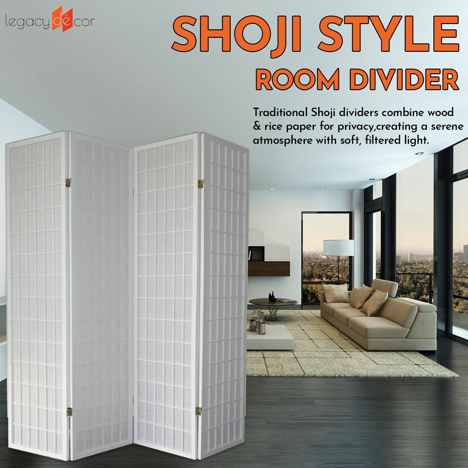 Legacy Decor 4-Panel Room Divider - 6ft Tall Portable Foldable Freestanding Privacy Screen - Shoji Style Dressing Screen for Home Office & Studio - White | Perfect for Creating Private Spaces, Room Separation & Decoration