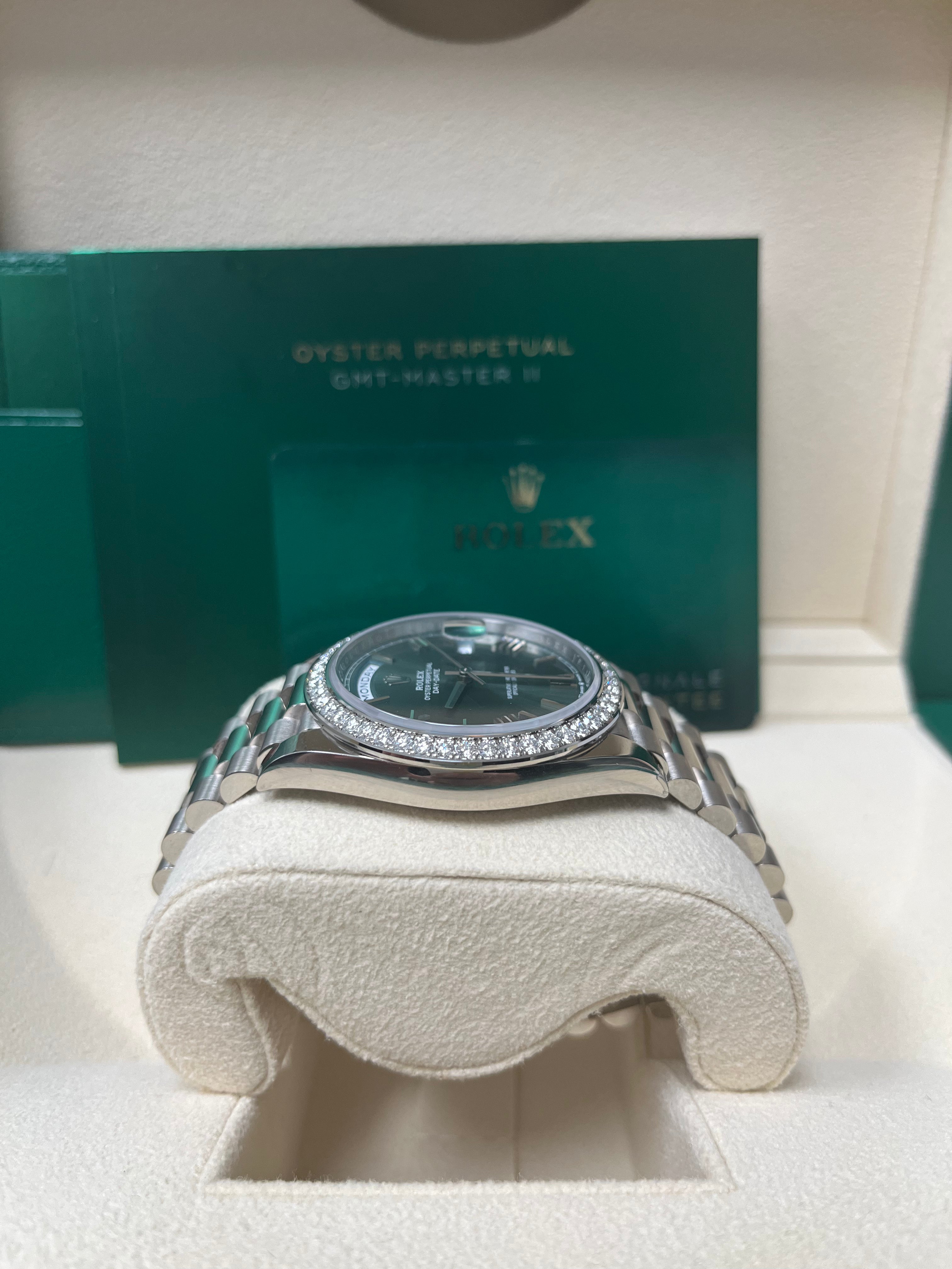 Rolex Day-Date 40mm 18K White Gold Watch with Olive Green Roman Dial & President Bracelet (Ref. 228349RBR) - Luxury Dress Watch for Business & Formal Occasions