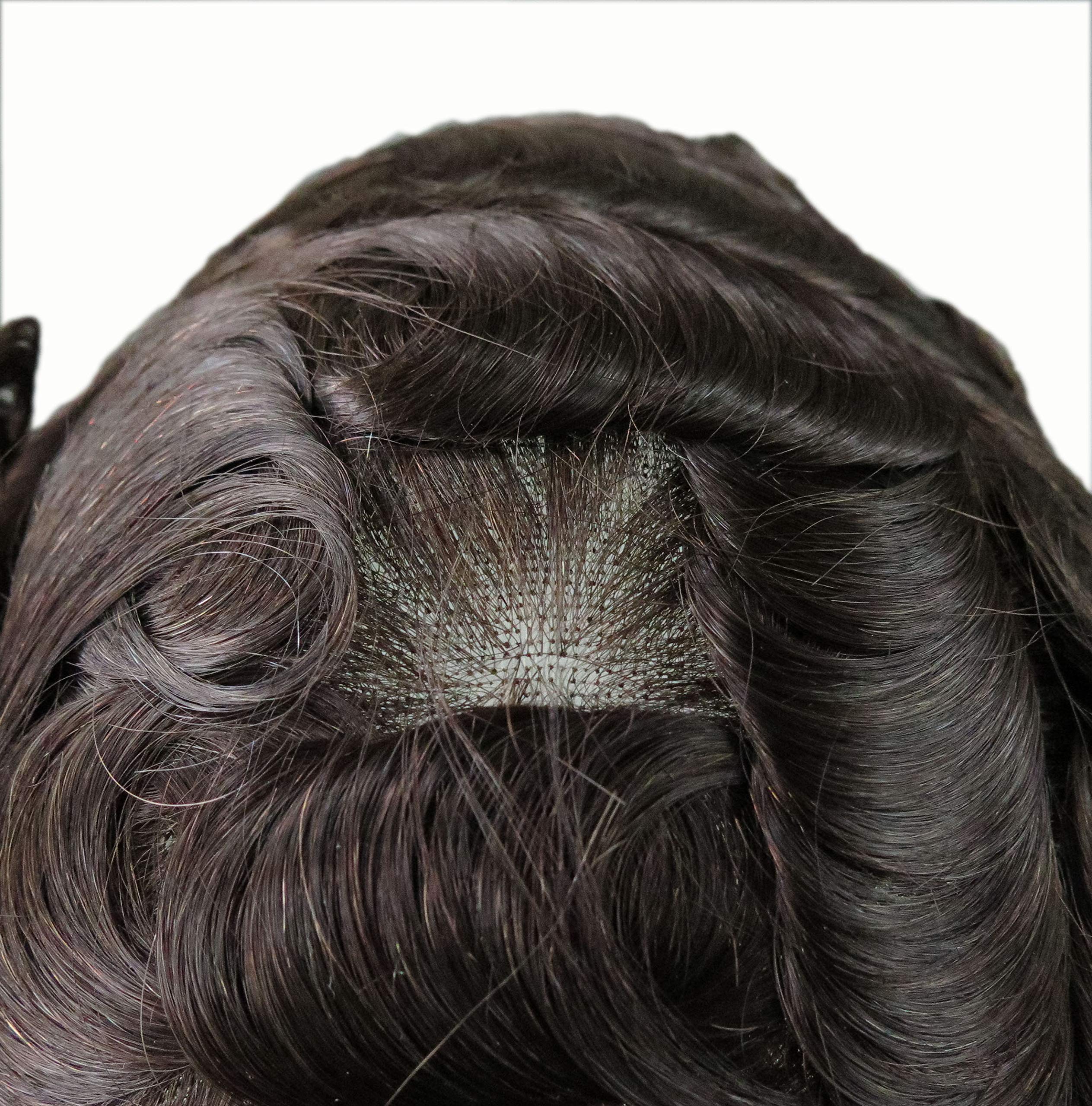 Natural Men's Toupee - Soft Swiss Lace Human Hair Replacement System - Dark Brown Real Hair #2 - Comfortable & Undetectable Hairpiece for Daily Wear & Special Occasions