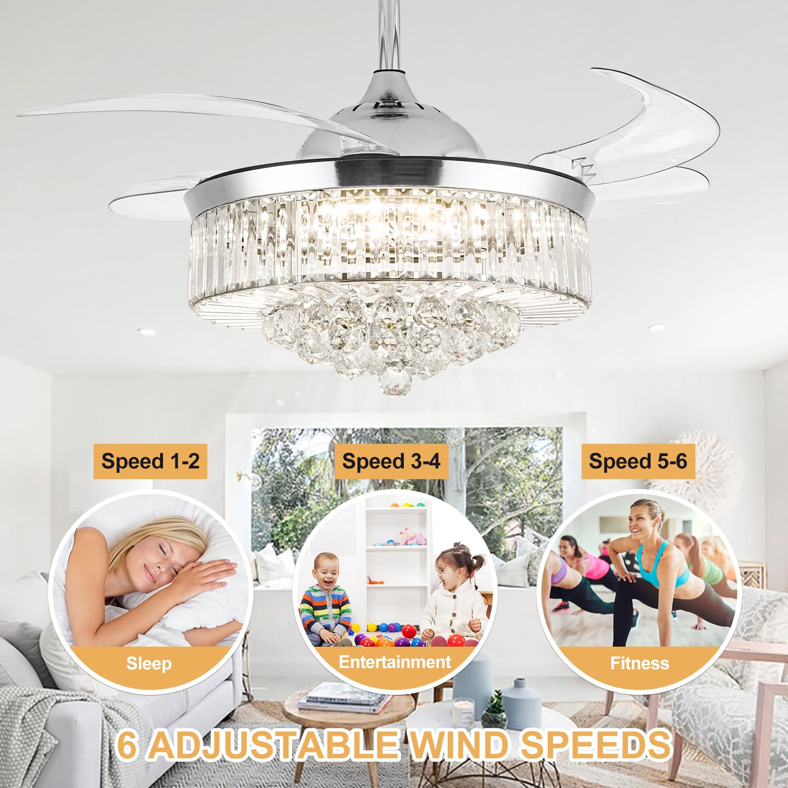 42'' Silver Retractable Crystal Chandelier Ceiling Fan with Light - Remote Control, Dimmable, Reversible Blades - Perfect for Dining Room, Living Room & Bedroom Lighting Decor