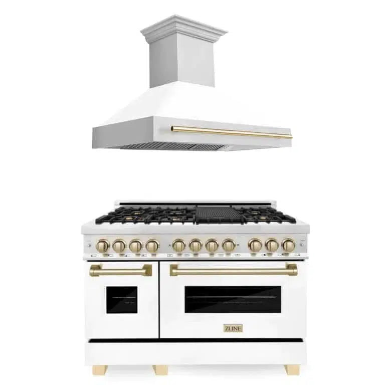 ZLINE Autograph Edition 48-inch Stainless Steel Dual Fuel Range with White Matte Door & Range Hood with Polished Gold Accents - Professional Kitchen Package for Modern Homes | Perfect for Gourmet Cooking & Entertaining