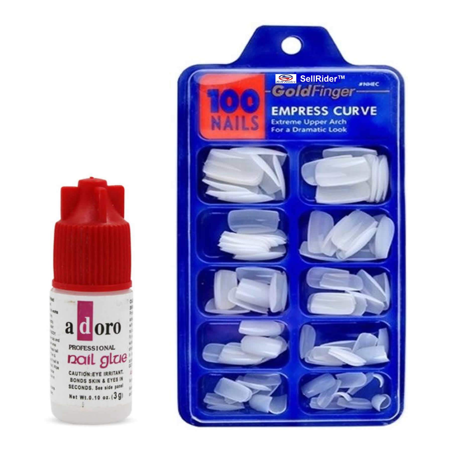 100pcs Imported Artificial Gold Finger Empress Curve Fake Nails with Strong Adhesive Glue - White Press-on Nails for Women | Perfect for Parties, Weddings & Special Occasions