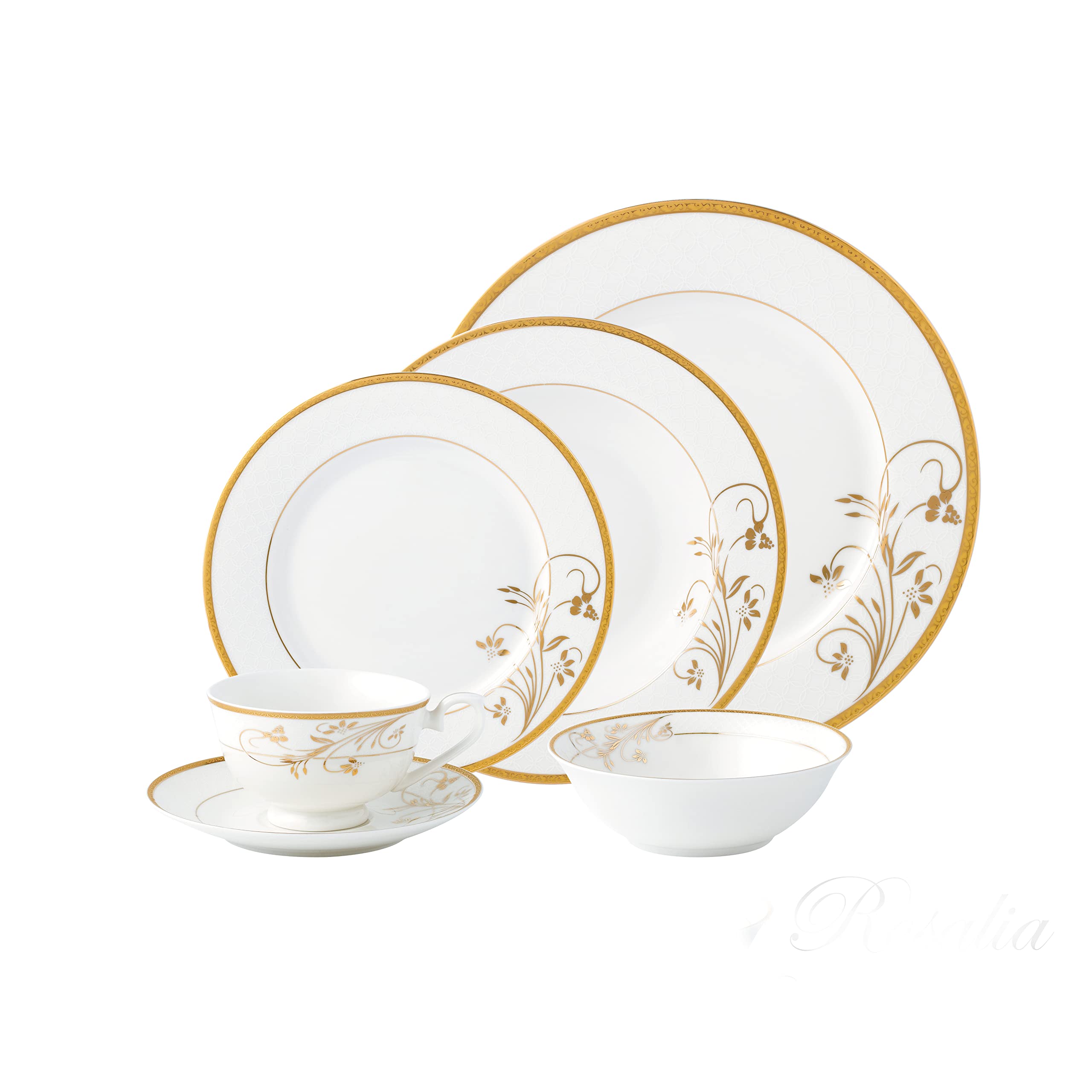 Lorren Home Trends La Luna 57-Piece Bone China Dinnerware Set with 24K Gold Floral Design - Service for 8 - Elegant Table Setting for Formal Dinners, Weddings & Special Occasions