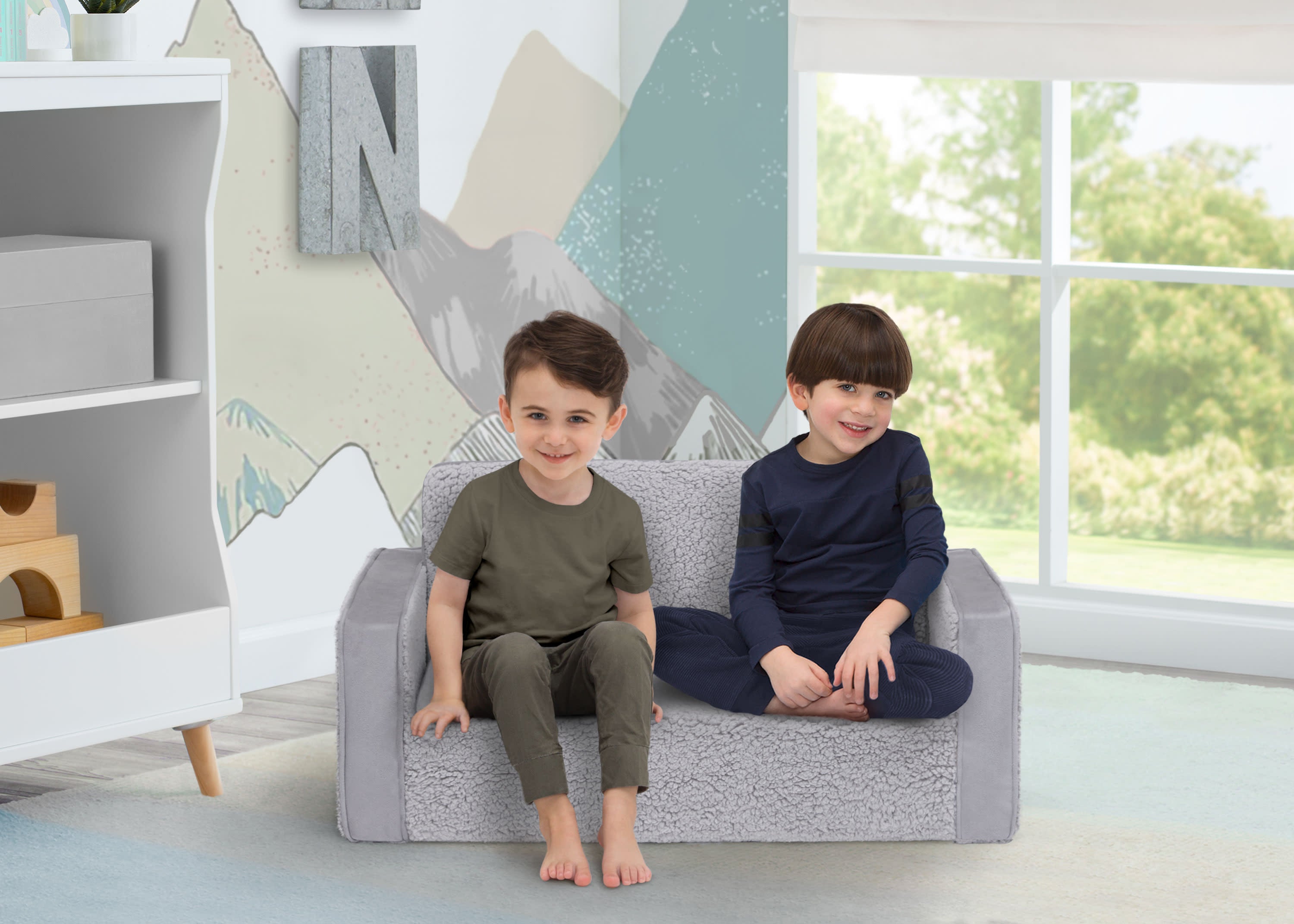Cozy Flip Out Sherpa & Suede 2-in-1 Convertible Kids Sofa to Lounger - Perfect for Playrooms, Bedrooms & Small Spaces