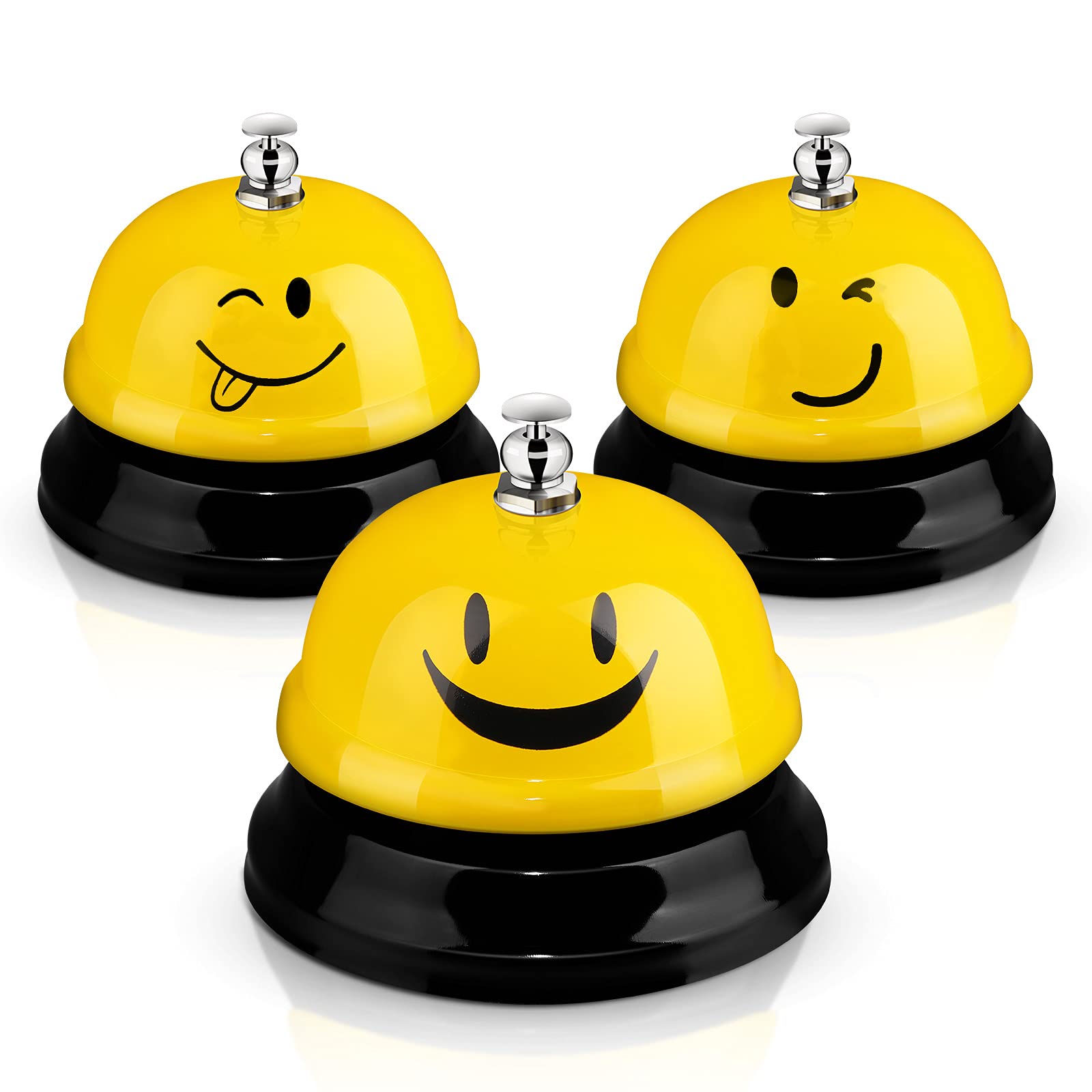 3 Pack Funny Smile Face Metal Call Bells - Desk Service Bell for Kitchen, Hotel, Restaurant & Classroom - Yellow (Ideal for Customer Service, Events & Home Use)