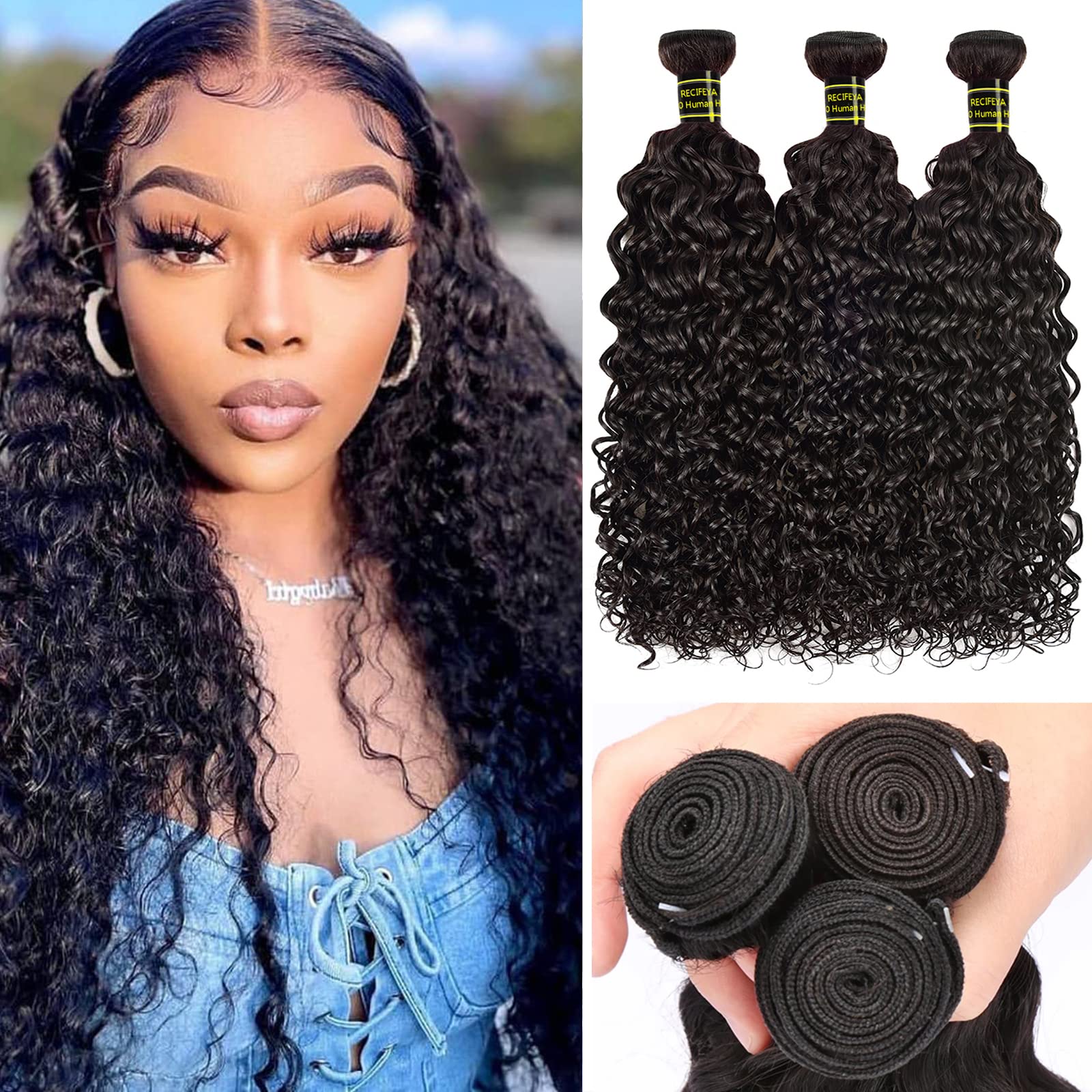 Brazilian Water Wave Virgin Hair Bundles 100% Unprocessed Human Hair - Wet & Wavy Curly Weave Bundles (20 22 24 Inches) for Natural Look & Styling - Perfect for Daily Wear, Parties & Special Occasions