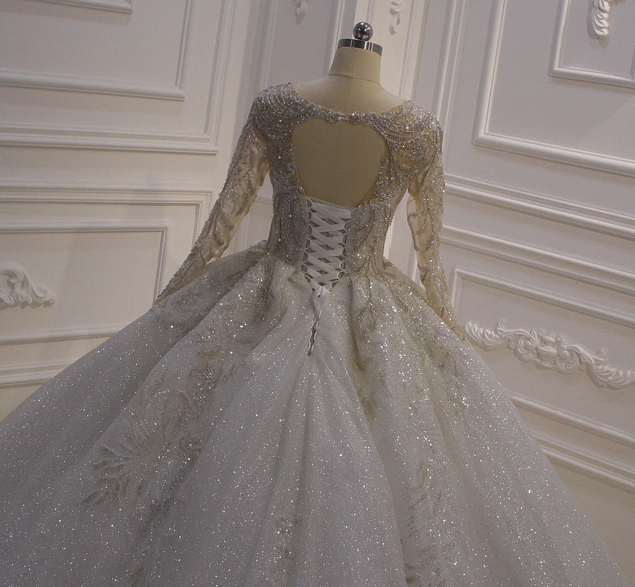 Elegant Long Sleeve Lace Applique Sparkly Wedding Dress AM595 - Perfect for Bridal Gowns, Formal Events & Special Occasions