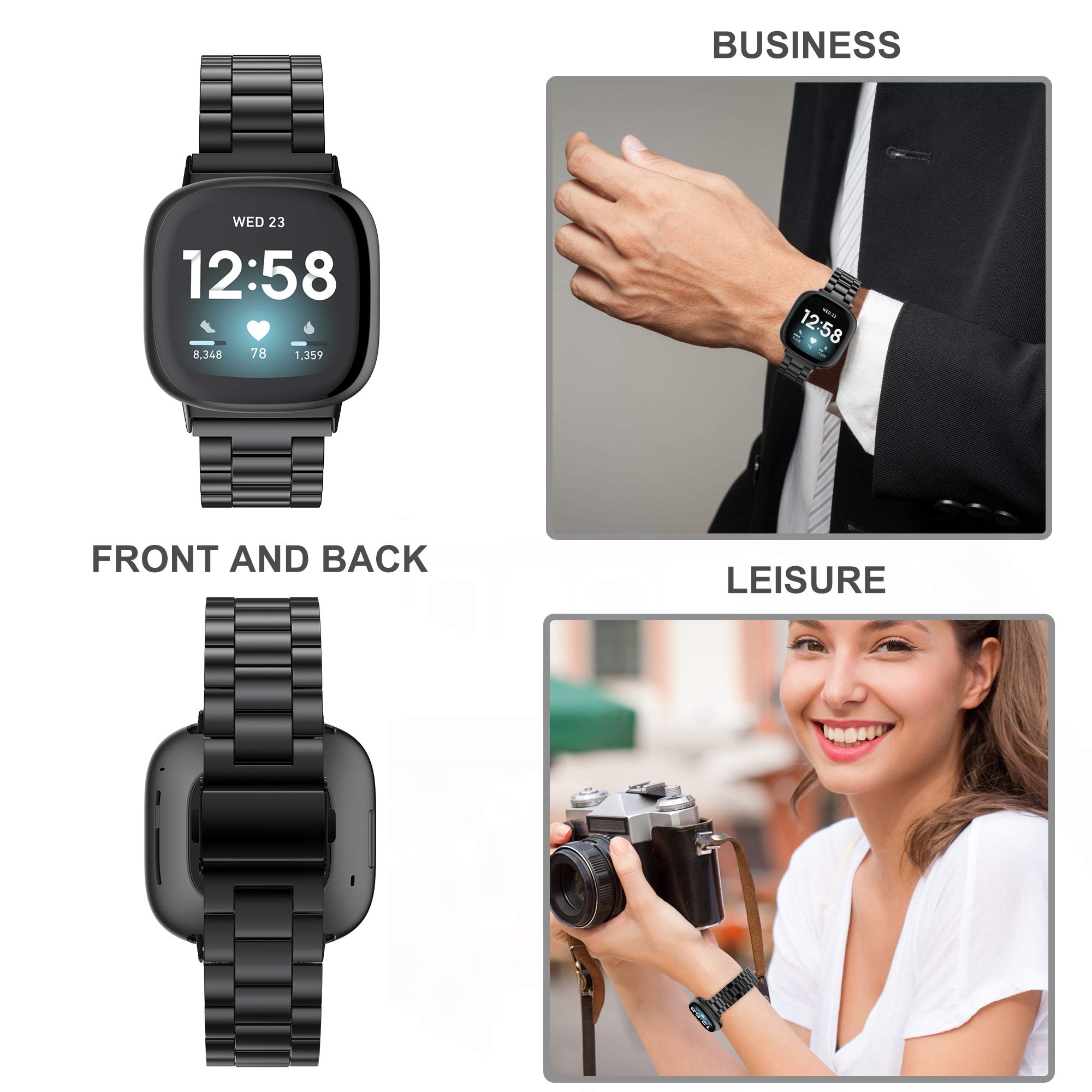 Wearlizer Compatible Fitbit Sense/Sense 2/Versa 3/Versa 4 Bands - Ultra Thin Lightweight Stainless Steel Metal Watch Band Strap for Women & Men (Black) | Perfect for Workouts, Office Wear & Everyday Fashion Accessory