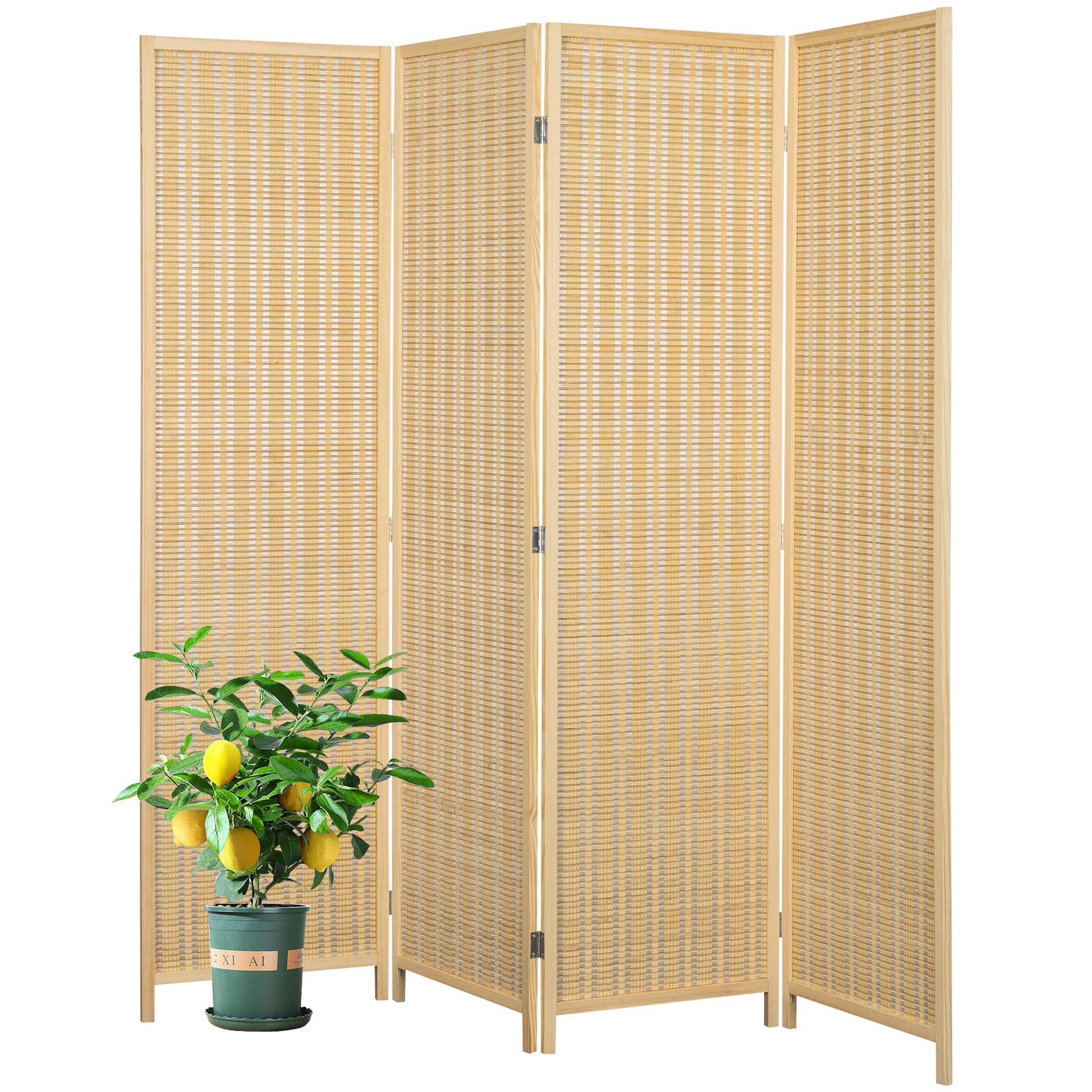 4 Panel Bamboo Room Divider - Folding Privacy Screen & Partition Wall for Living Room, Bedroom, Office - 66.9