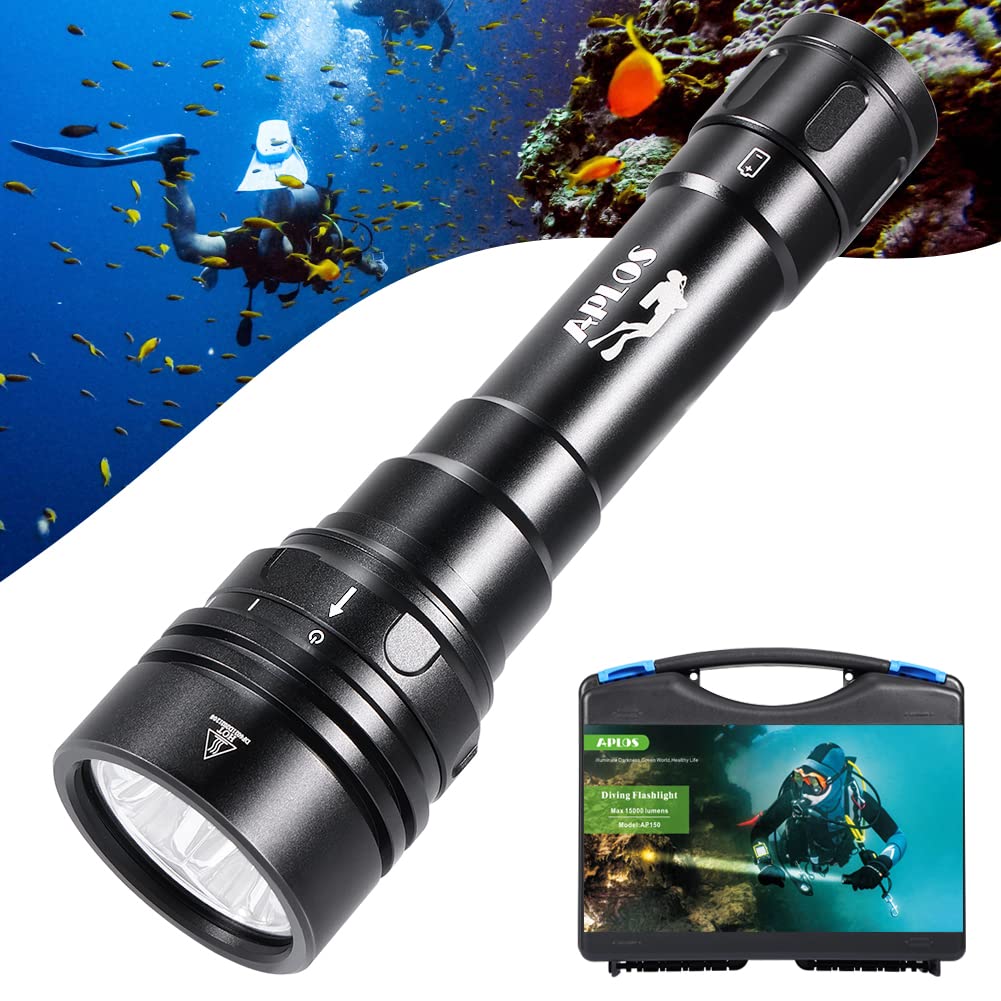 APLOS AP150 15000 Lumen Rechargeable Scuba Diving Flashlight - Waterproof Underwater Dive Light for Deep Sea Exploration to 492ft - Includes Battery & Charger - Perfect for Night Diving, Cave Diving, and Marine Photography