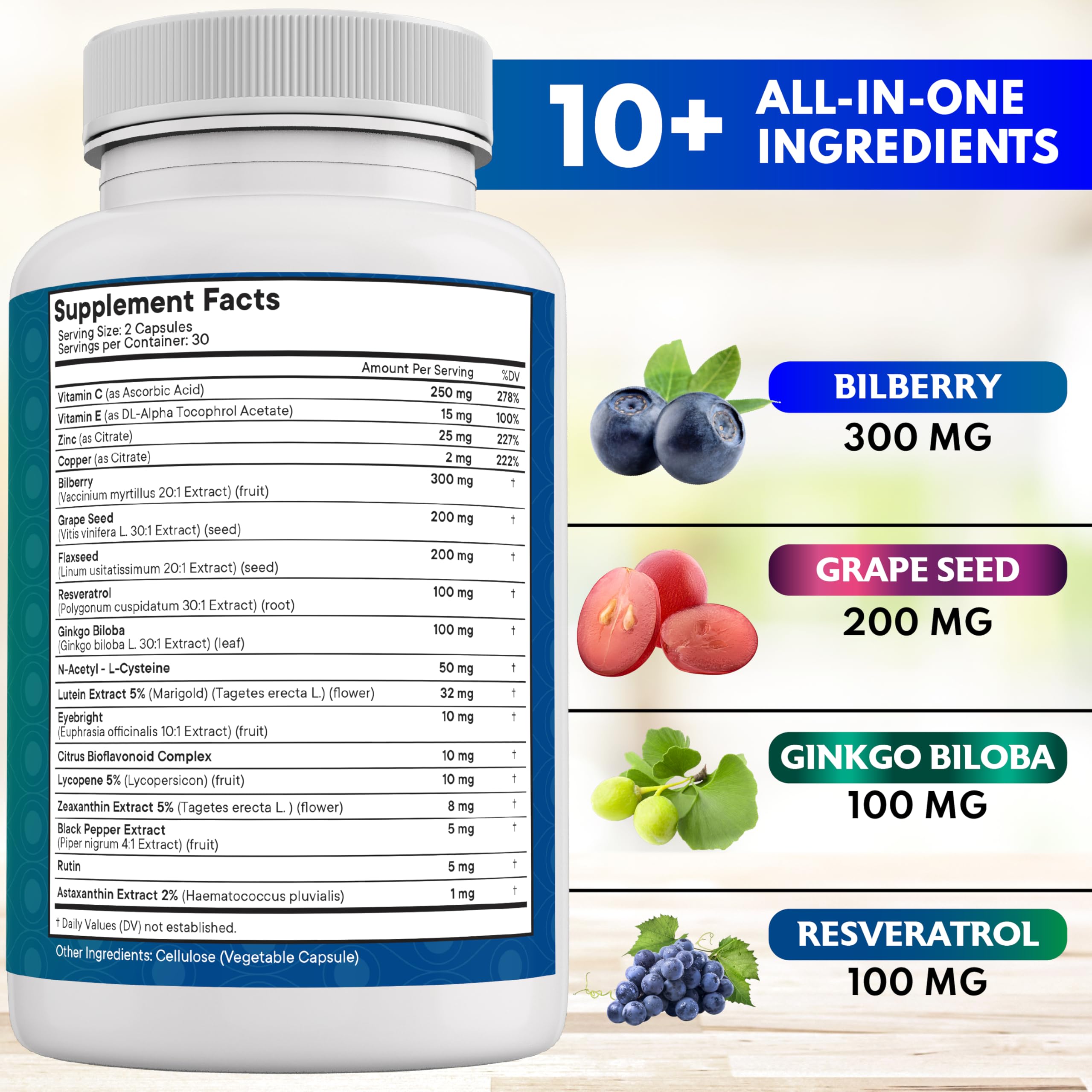 Premium Eye Health Vitamins with Bilberry, Lutein, Zeaxanthin & Antioxidants - Supports Vision & Eye Strain Relief - 60 Capsules - Perfect for Computer Users & Gamers