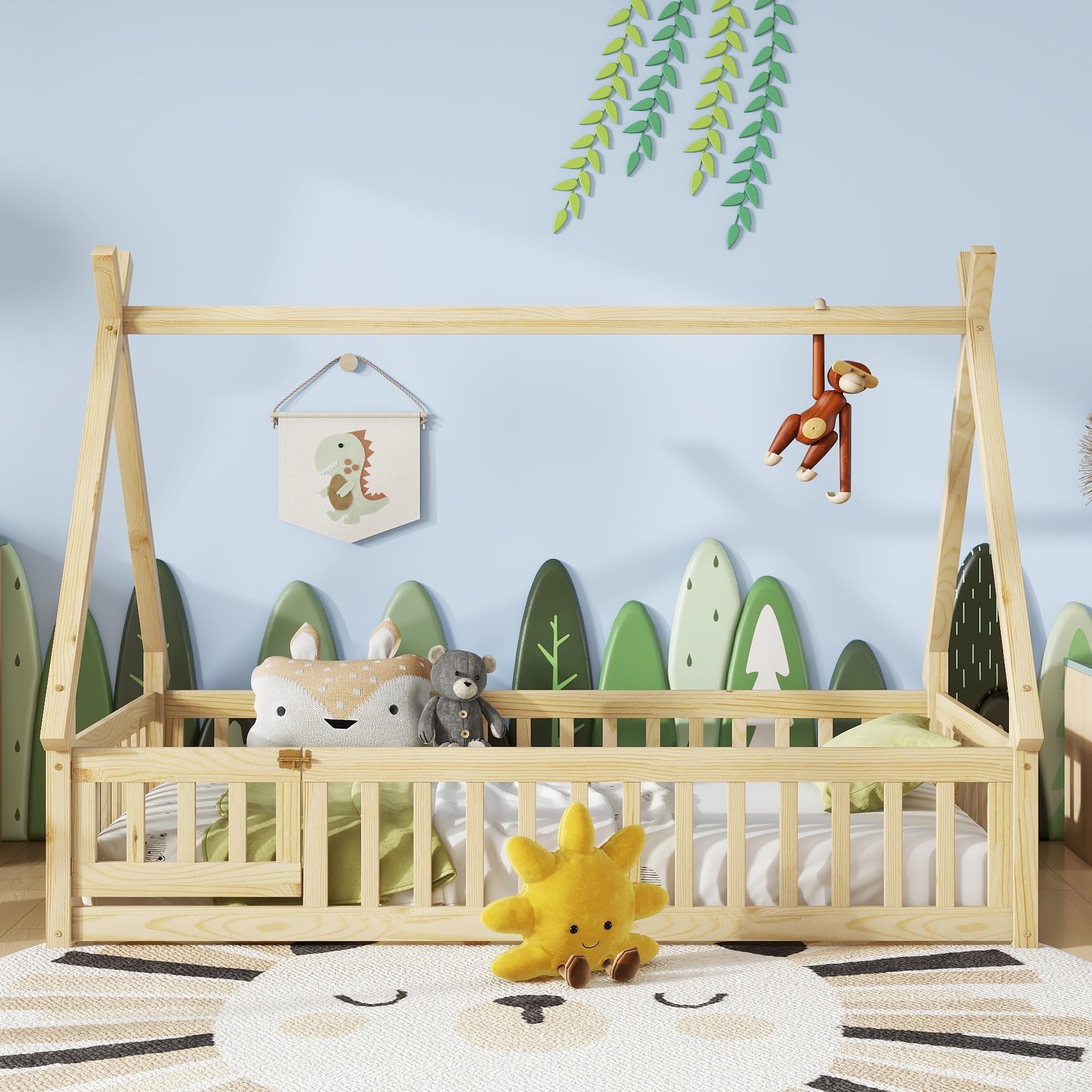 Montessori Twin Floor Bed for Kids - Natural Wood Teepee Tent Bed Frame with Slats, Guardrails & Safety Door - Perfect for Boys & Girls Bedrooms, Playrooms & Montessori Learning Spaces