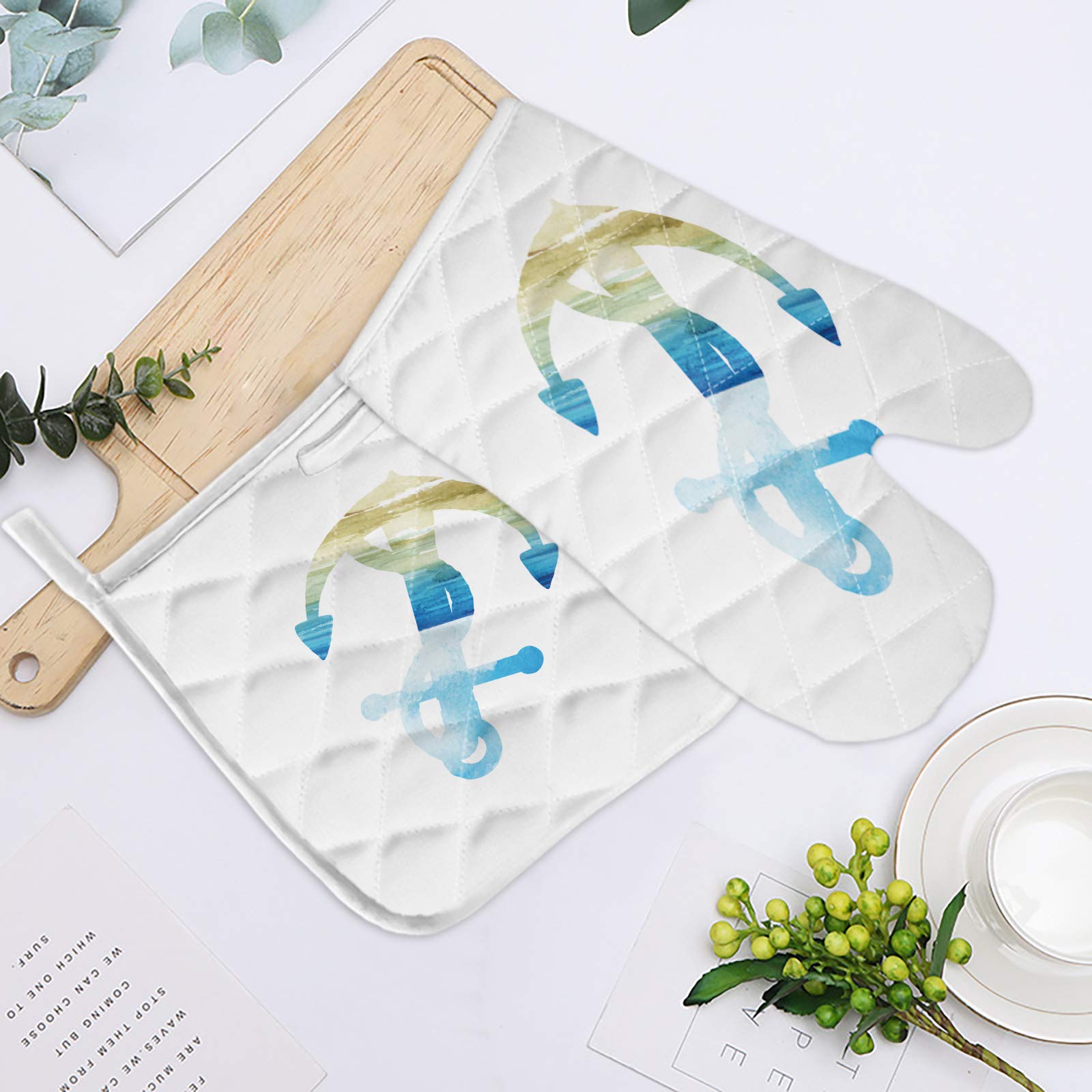 Anchor Beach Sea Ocean Blue Watercolor Oven Mitts & Pot Holders Set - 6.5