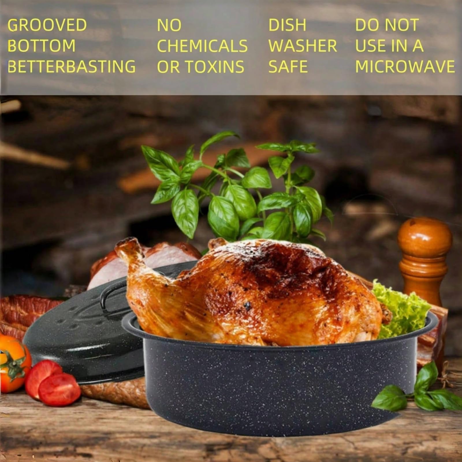 13 Inch Granite Enamel Roasting Pan with Lid - Oven Safe Turkey Roaster for 2 People, High Temperature Resistant Cookware for Thanksgiving, Christmas & Family Dinners