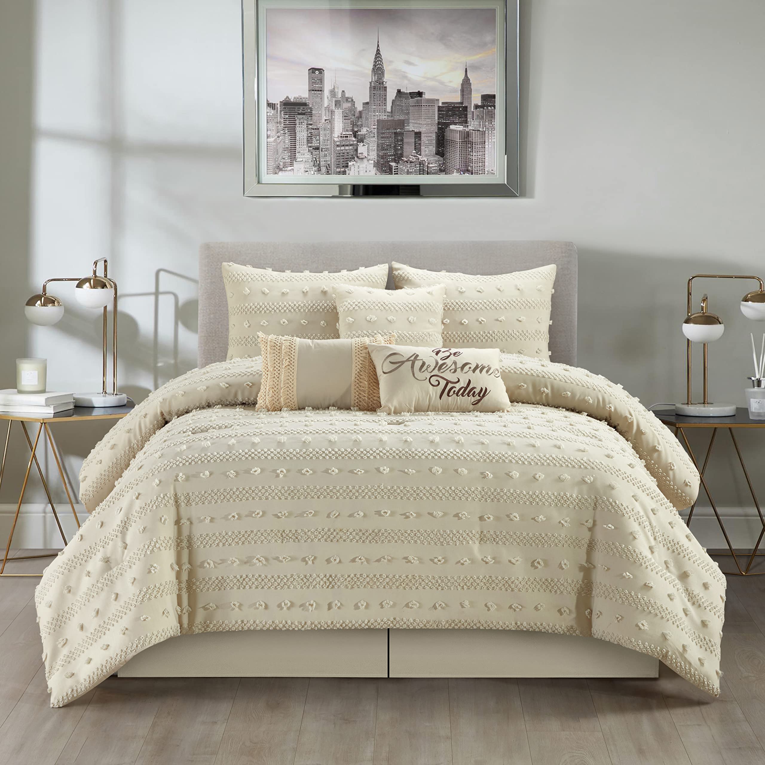 Stratford Park Taupe Clip Comforter Set - 7 Piece Queen Size Bedding Set with Pillow Shams & Bed Skirt | Soft Microfiber Comforter for Cozy Bedroom Decor & Guest Room Essentials