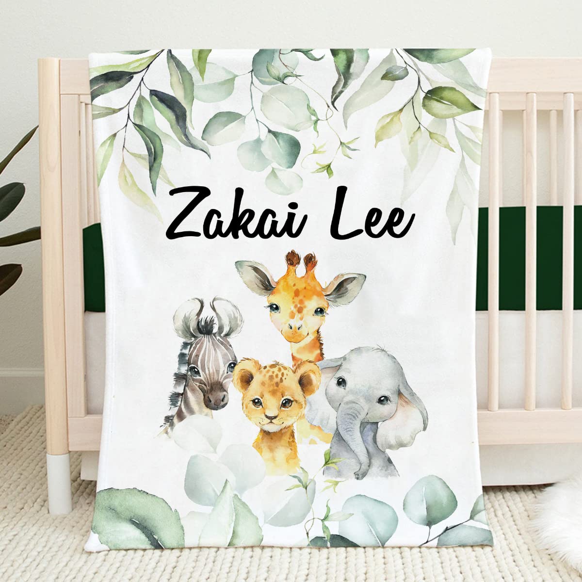 ALMIRA Personalized Monogram Baby Boy Blanket - Custom Jungle Animals Nursery Blanket for Newborns & Infants - Soft Crib Bedding for Boys' Room Decor & Baby Shower Gifts