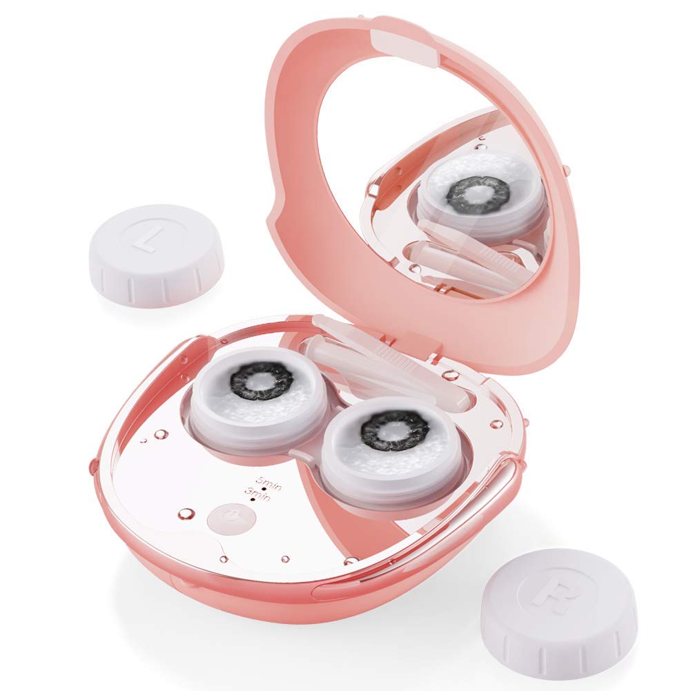 OFONE Rechargeable Contact Lens Cleaner Case - Fast Vibration Cleaning with Mirror & Remover Applicator | Portable Lens Cleaning Machine for Travel, Home & Daily Use | Pink (Ideal for Soft & Hard Lenses)