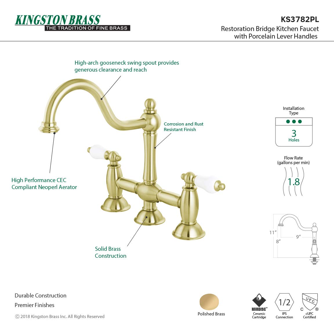 Kingston Brass KS3782PL 9-Inch Spout Reach Polished Brass Bridge Kitchen Faucet - Perfect for Farmhouse, Vintage, and Traditional Style Kitchen Renovations