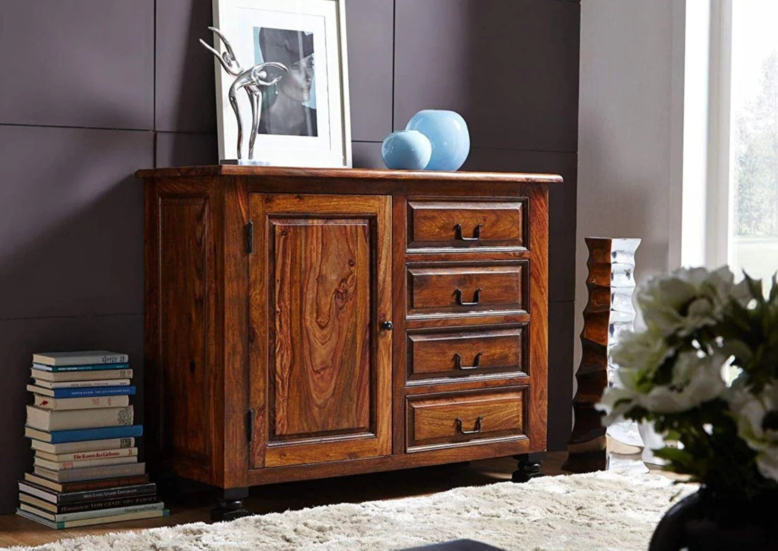 Gfine Solid Sheesham Wood Sideboard - Single Door & 4 Drawers, 45x90x115cm - Perfect for Living Room, Dining Room & Entryway Storage