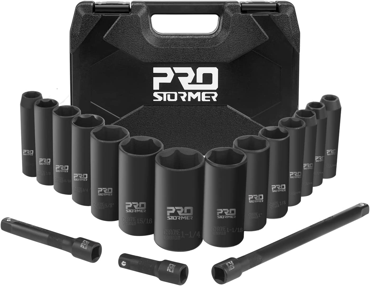 Prostormer 1/2 Inch Drive Impact Socket Set - 17-Piece SAE Set for Automotive Repair & Heavy Duty Mechanical Work