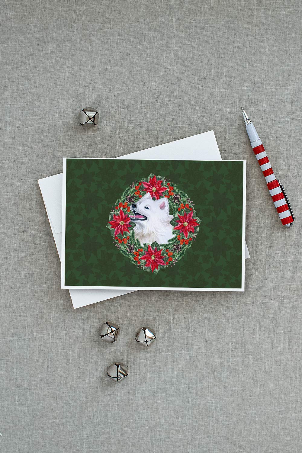 Samoyed Poinsettia Wreath Greeting Cards - Pack of 8 Blank A7 Note Cards (5x7 inches) with Envelopes - Whimsical Holiday Dog Christmas Cards for Pet Lovers, Seasonal Greetings & Festive Correspondence