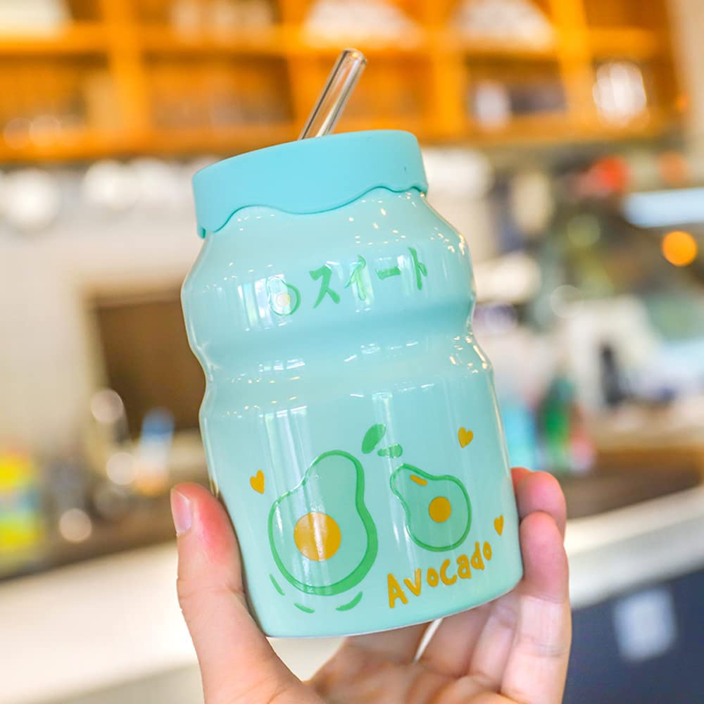 Kawaii Ceramic Mug Set of 4 with Silicone Lid & Straw - Cute Kawaii Water Bottles for Kids, Teens, Adults - Perfect for Home, Office, School, Travel & Gift Giving (Fruit Design)