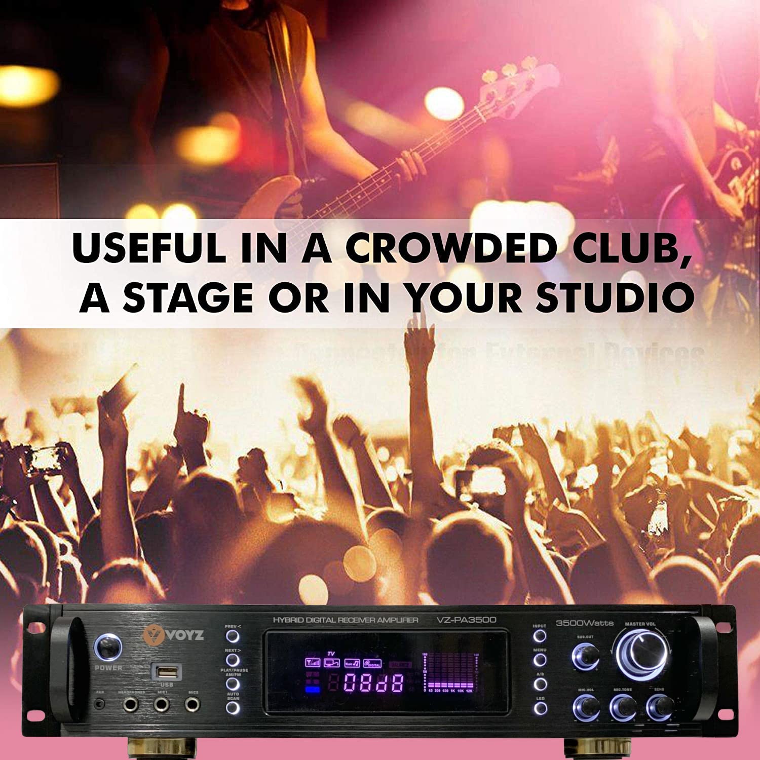 VOYZ Wireless Bluetooth Digital Home Stereo Amplifier - 3500W Hybrid Multi-Channel Power Amplifier w/ AM/FM Radio, MP3/USB, AUX, RCA, Karaoke Mic & Remote - Perfect for Home Theater, Karaoke Parties & Music Streaming