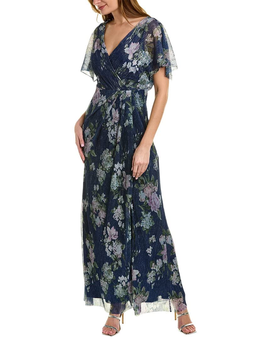 Adrianna Papell Women's Printed Metallic Mesh Flutter Sleeve Formal Evening Gown - Perfect for Prom, Wedding Guest, Cocktail Party & Special Occasions
