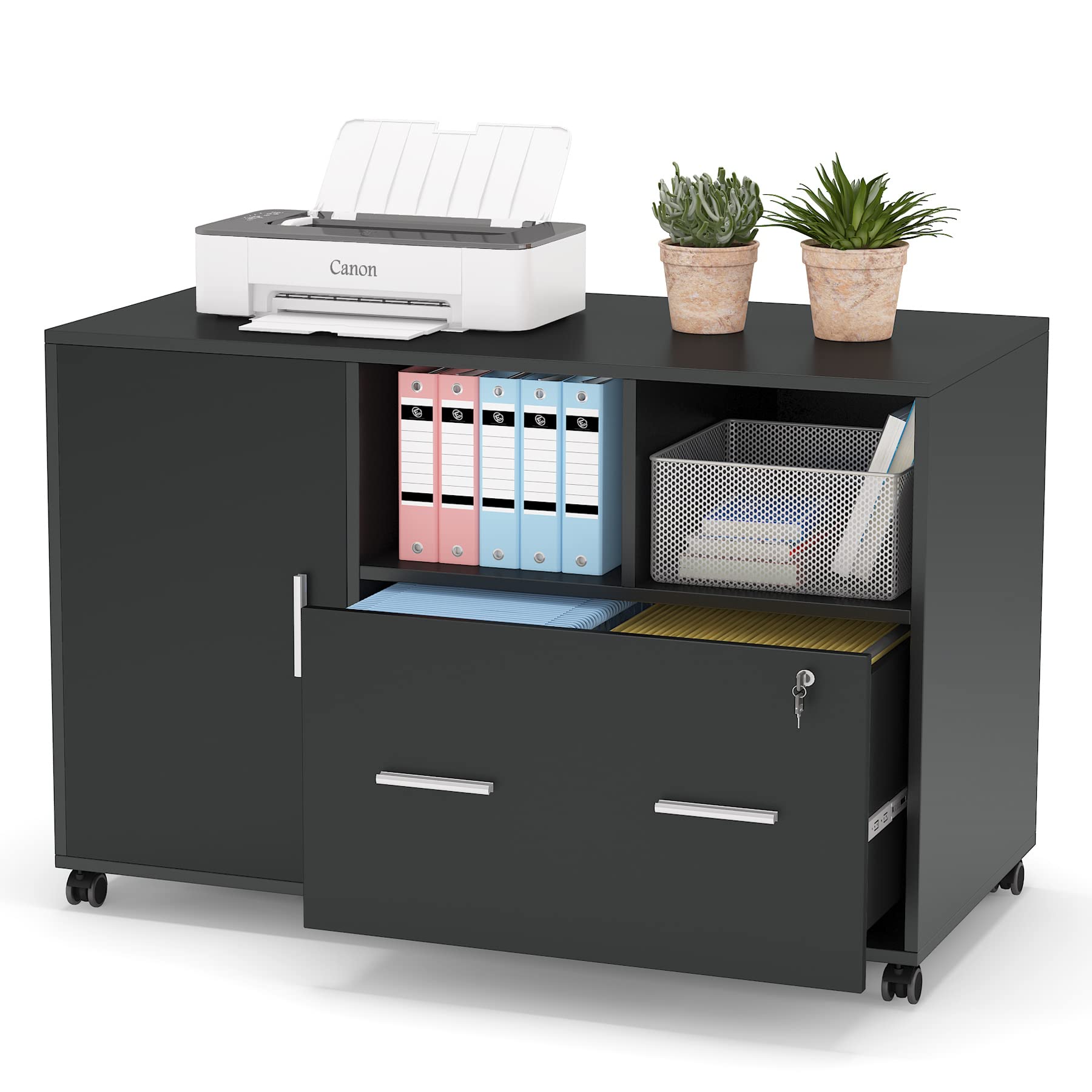 Lockable Mobile File Cabinet with Drawers & Storage Shelves - Rolling Lateral Filing Cabinet & Printer Stand for Home Office - Black - Ideal for Document Organization & Workspace Storage