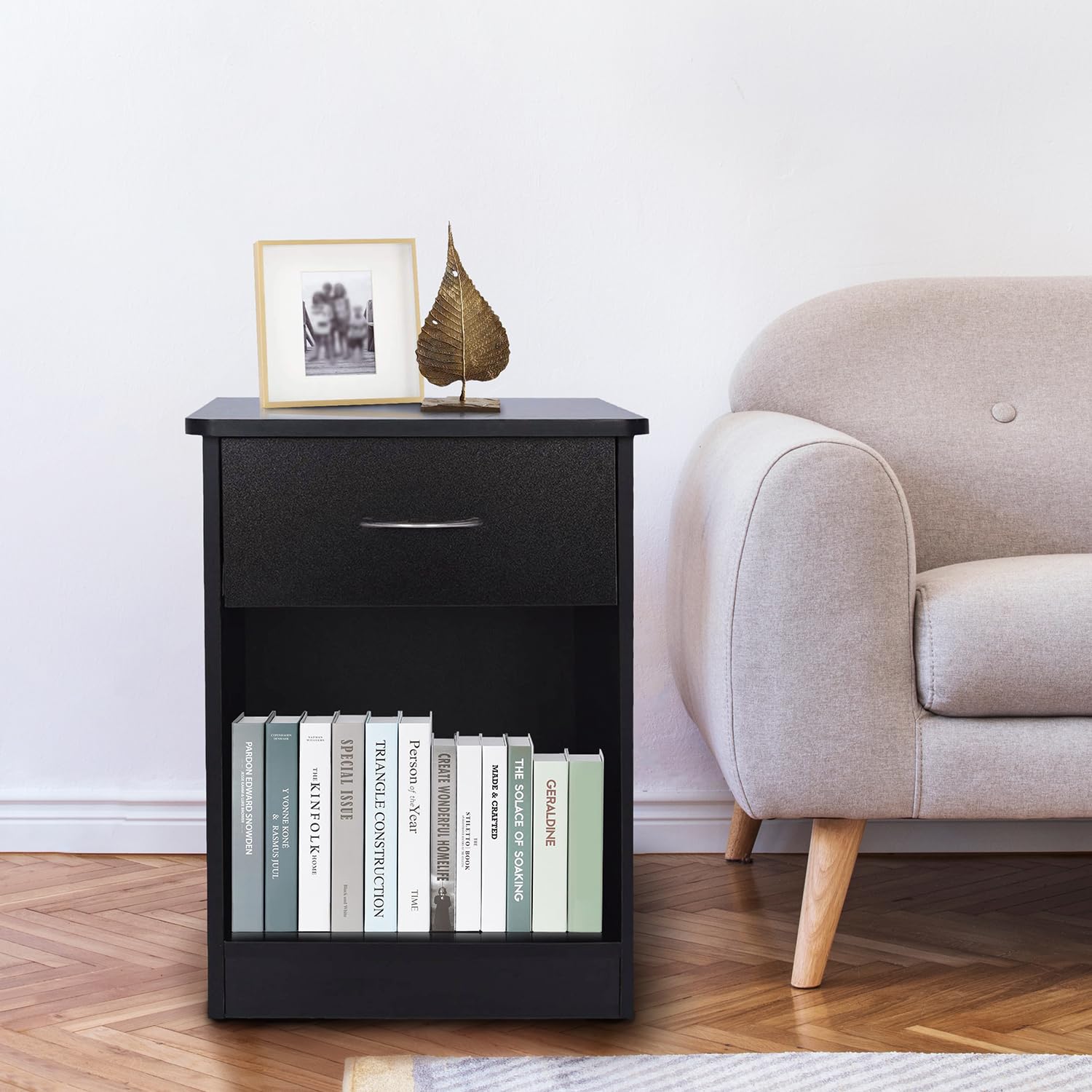 1-Drawer Nightstand with Open Shelf - Black Bedside Table for Bedroom, Dorm, Living Room | Compact Storage End Table with Drawer for Books, Lamps & Bedroom Essentials