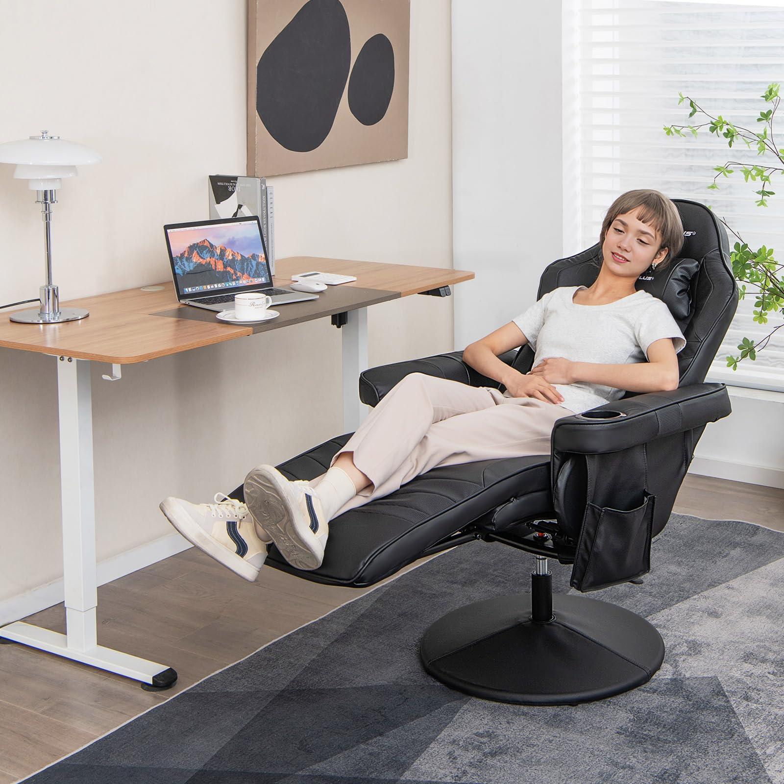 Goplus Ergonomic Gaming Chair - Adjustable Height, Massage, Retractable Footrest, Cup Holder & Headrest - Swivel Office & Racing Style Gamer Chair (Black) - Perfect for PC Gaming, Streaming & Home Office Work