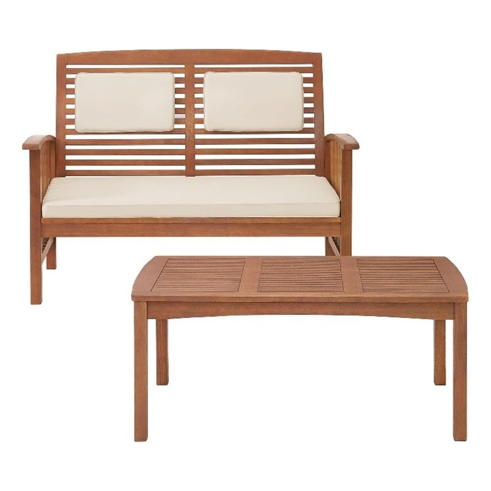 Lyndon Eucalyptus Wood Outdoor 2-Piece Patio Set - Weather-Resistant 2-Seat Bench with Cushions & Cocktail Table - Durable Garden Furniture for Deck, Backyard or Poolside Relaxation