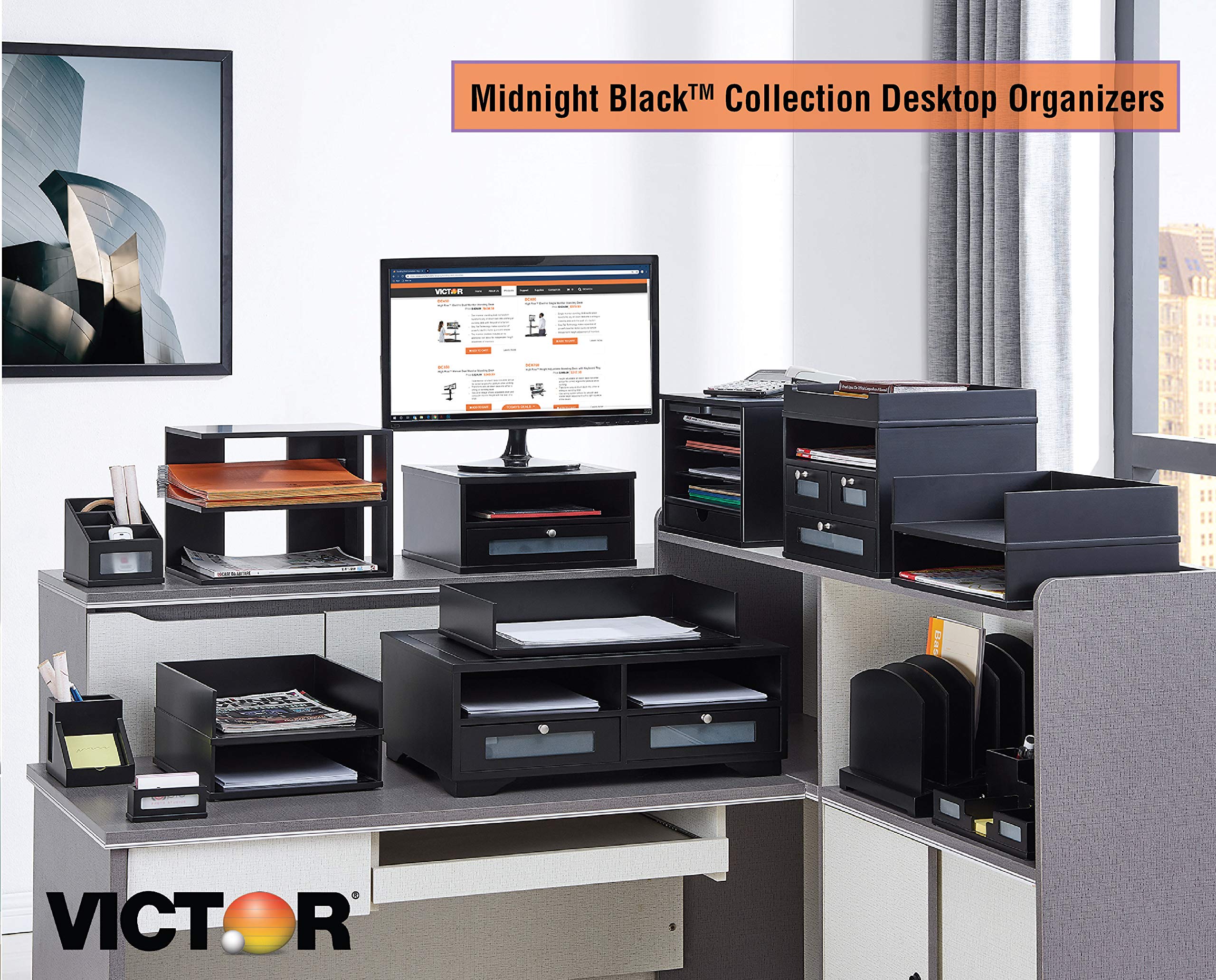Victor Midnight Black Collection 1175-5 Wood Monitor Stand Riser - Ergonomic Desktop Organizer for Home & Office Workspace