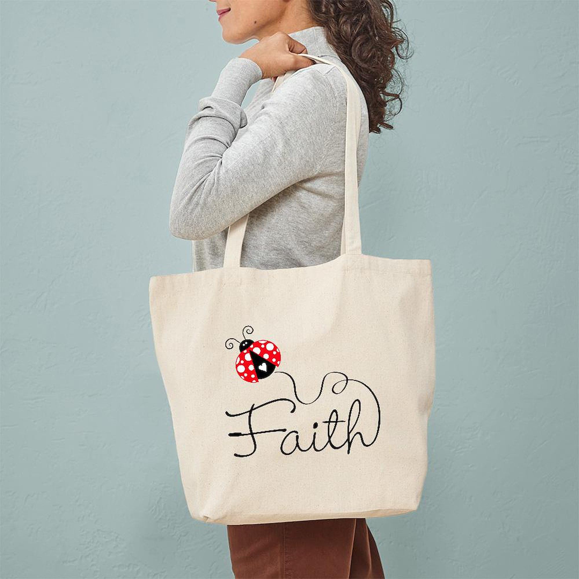Ladybug Faith Tote Bag - Natural Canvas Reusable Shopping Bag for Women | Eco-Friendly Grocery Tote for Church, Bible Study & Daily Use