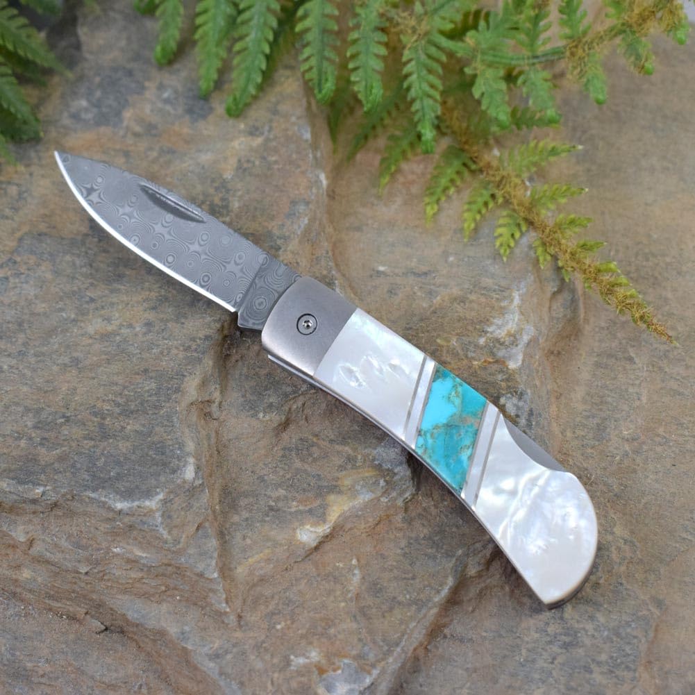 Premium Folding Pocket Knife with Damascus Steel Blade, Artisan-Crafted Mother of Pearl & Arizona Turquoise Handle, 3