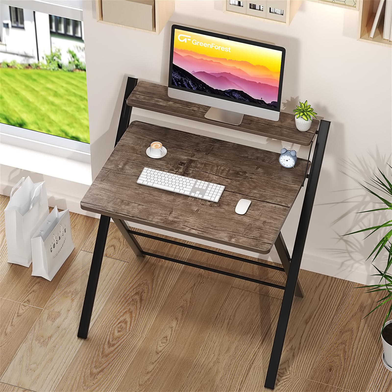GreenForest Folding Computer Desk - No Assembly Required, 2-Tier Design with Shelf, Space-Saving Small Foldable Desk (32 x 24.5 inches, Brown) - Perfect for Home Office, Dorm Room & Small Spaces