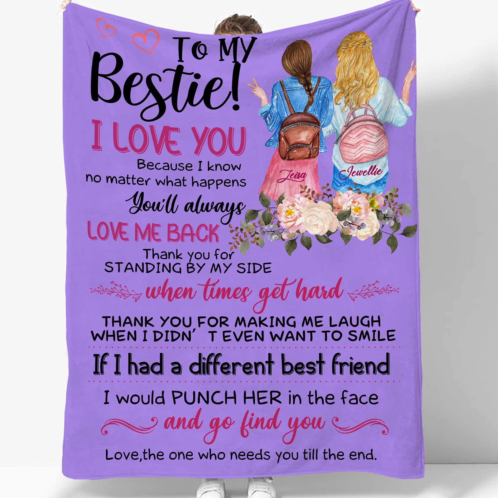 Custom Personalized Best Friend Blanket for Women - 48 Hair Styles & Colors - Engraved Names Blanket - BFF Gift for Galentine's Day, Long Distance Friendship, Birthday Presents for Besties - Cozy Throw for Movie Nights, Sleepovers & Dorm Room Decor