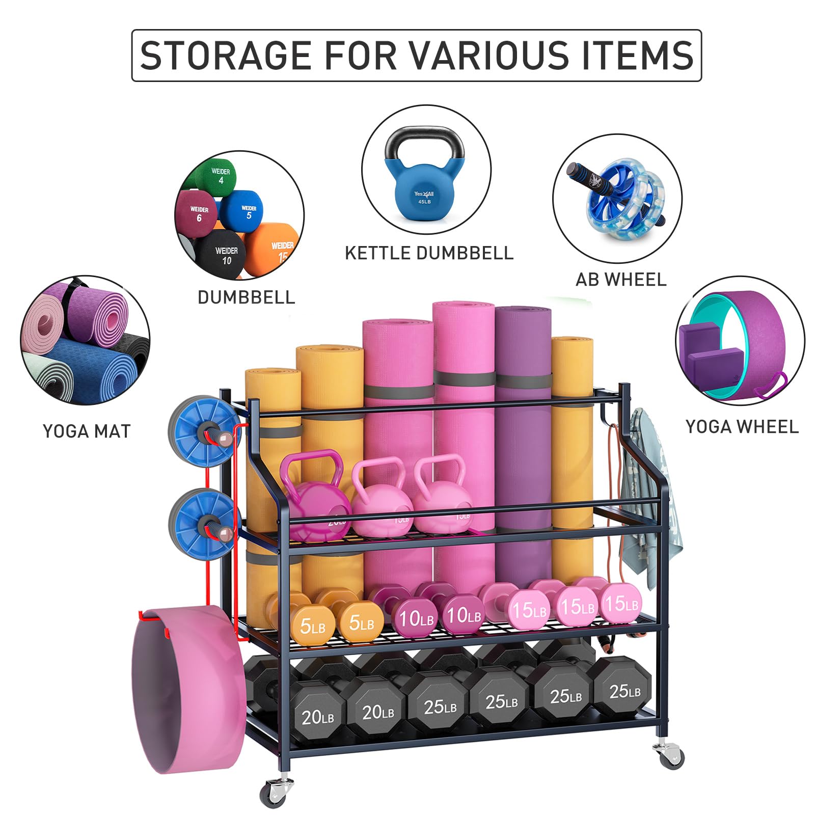 VILAWLENCE Yoga Mat Storage Rack Cart - Multifunctional Home Gym Organizer for Dumbbells, Kettlebells & Exercise Ropes - Large Capacity Removable Equipment Storage Solution for Home Workouts & Yoga Studios