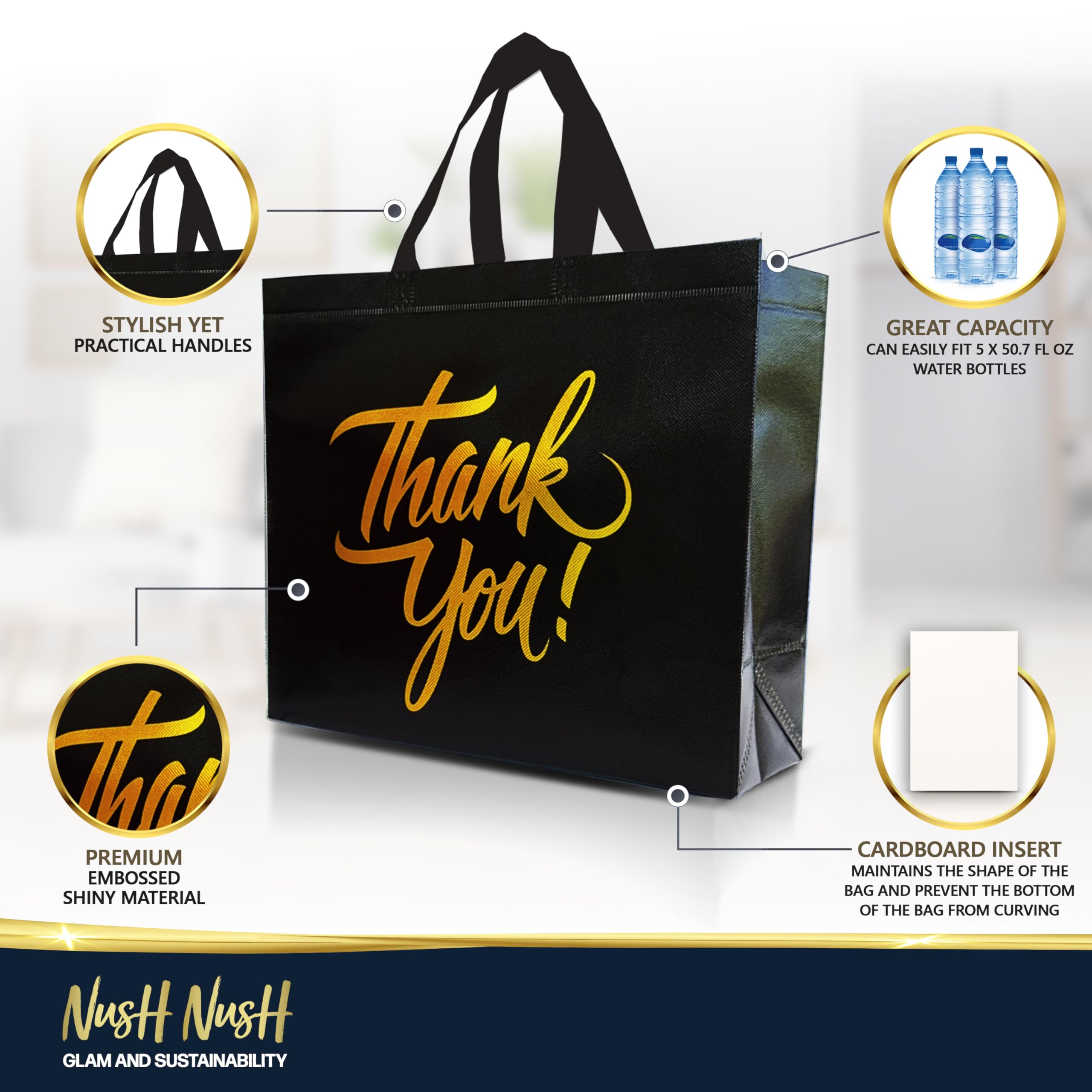 Nush Nush Bulk Black Thank You Gift Bags - Set of 12 Large Shiny Holographic Gold Print Party Favor Bags (13