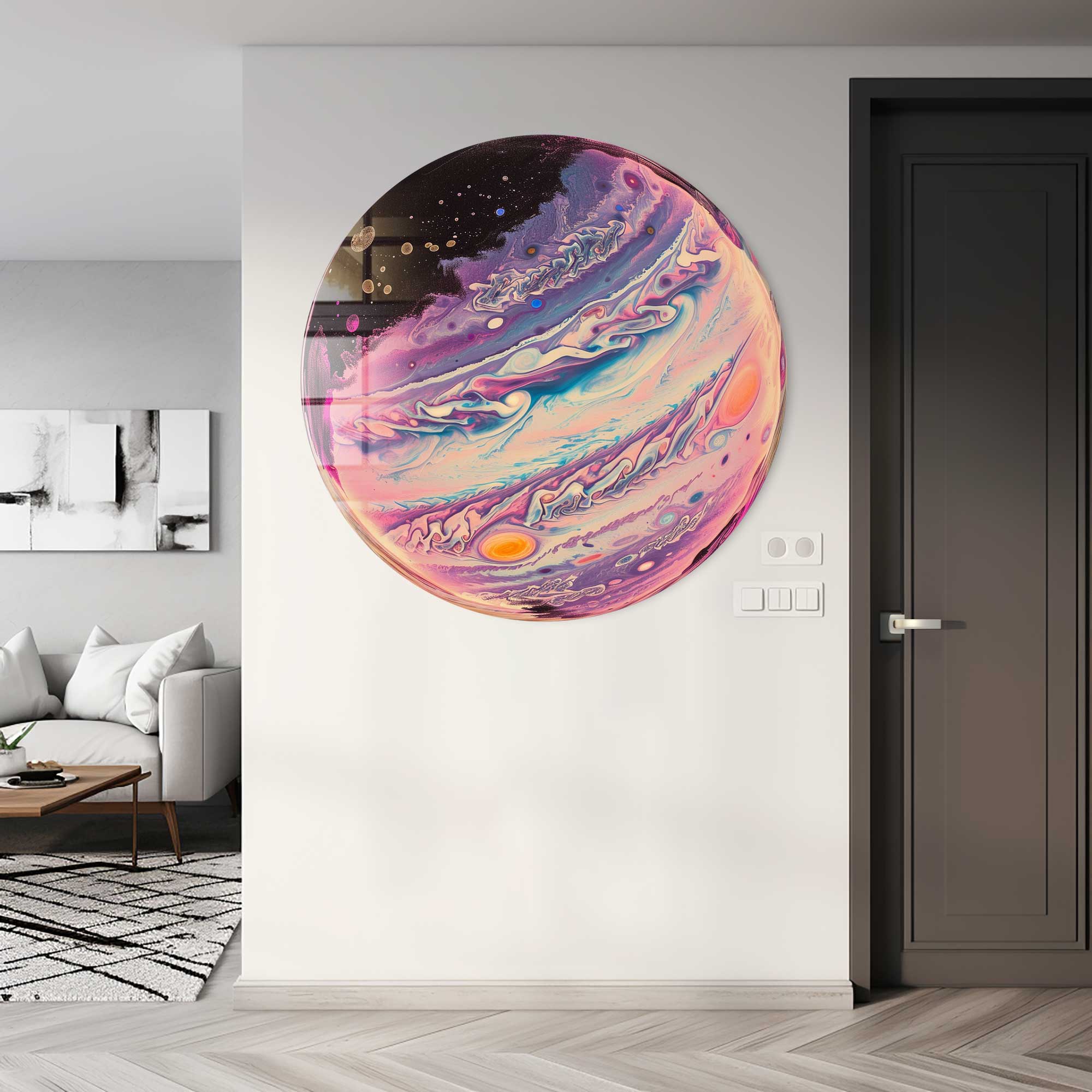 Handmade Ebru Art Rounded Glass Wall Decor - Unique Marble Painting for Living Room, Bedroom & Office