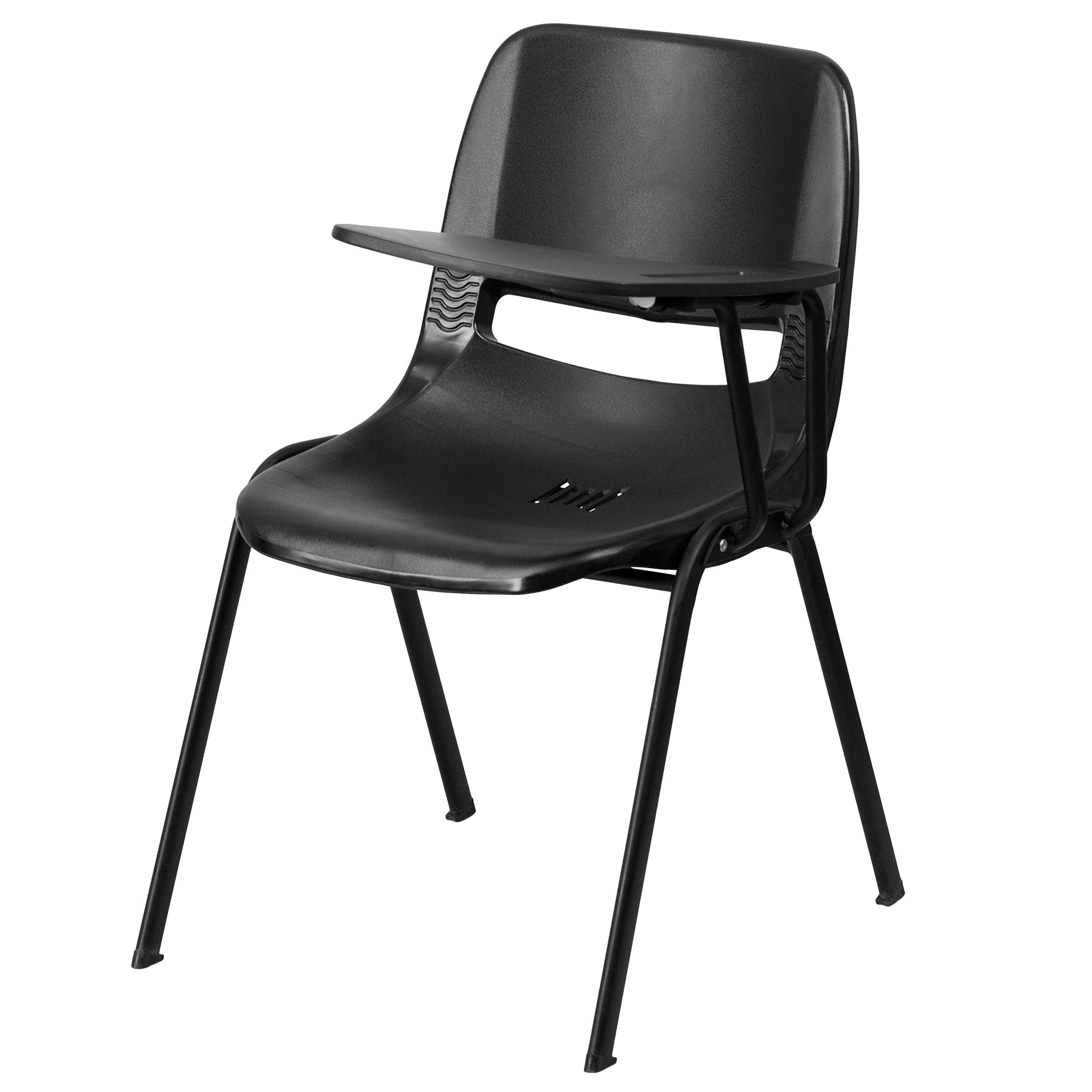 Ergonomic Black Shell Chair with Left-Handed Flip-Up Tablet Arm - Adjustable Office Desk Chair for Home & Workspace - Perfect for Studying, Working, and Online Meetings