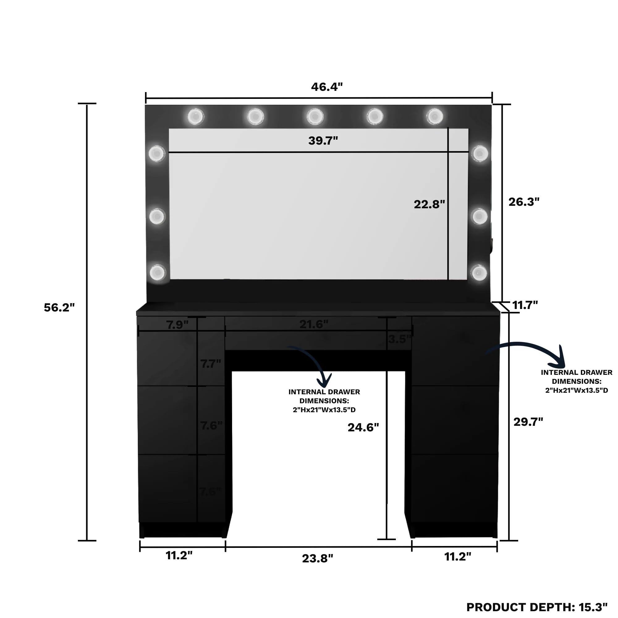 Boahaus Yara Large Makeup Vanity Desk with Hollywood Lights & 7 Drawers - USB Type-C/A Ports, 110V Outlet, Hair Dryer Hanger - Glass Top & Crystal Knobs - Black Finish for Bedroom, Dressing Room & Beauty Salon