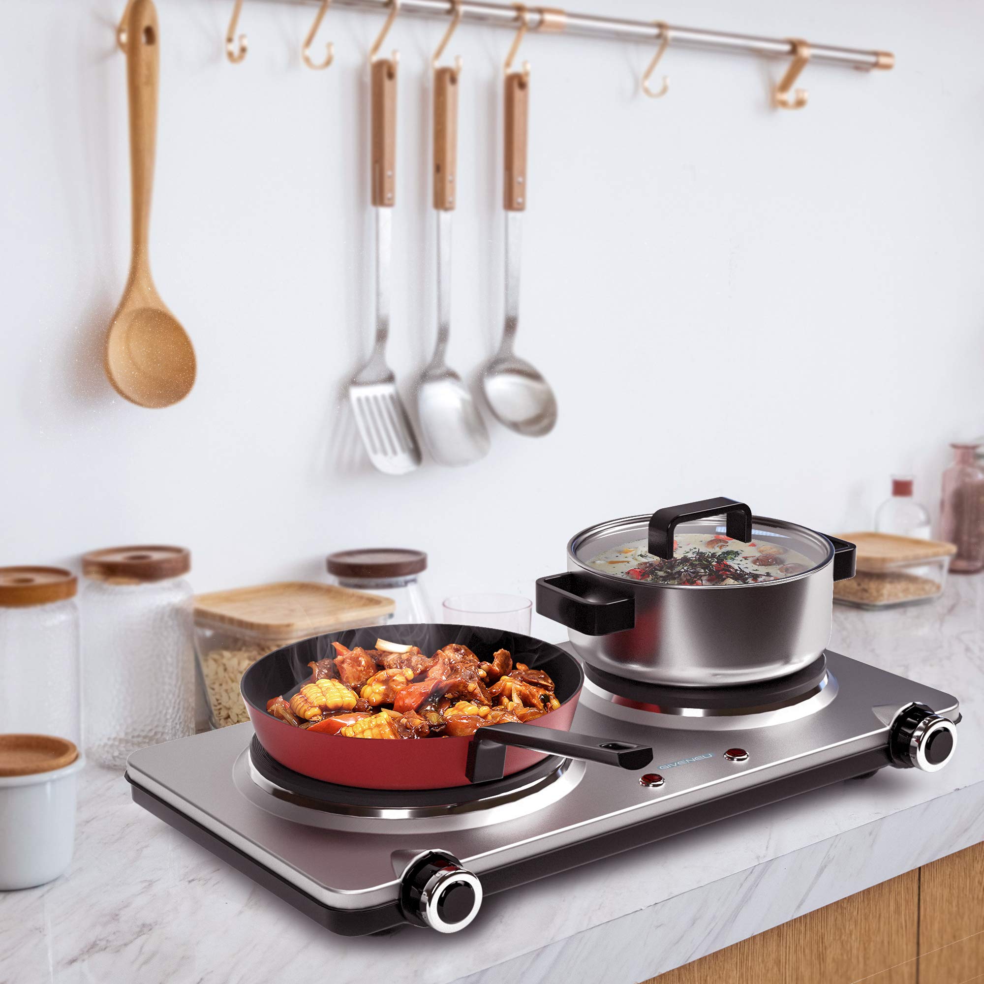 1800W Portable Electric Double Burner Hot Plate - 6-Speed Adjustable Thermostat, Stainless Steel Cooktop for Kitchen, Dorm & Camping | Perfect for Small Space Cooking, RV Trips & Outdoor Adventures