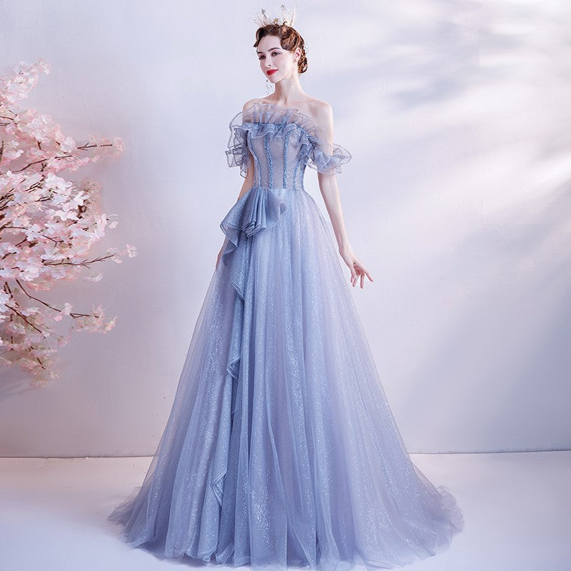 Elegant Blue Off-Shoulder Long Prom Dress with Tulle Skirt - Formal Evening Gown for Homecoming, Wedding & Special Occasions | Size 150
