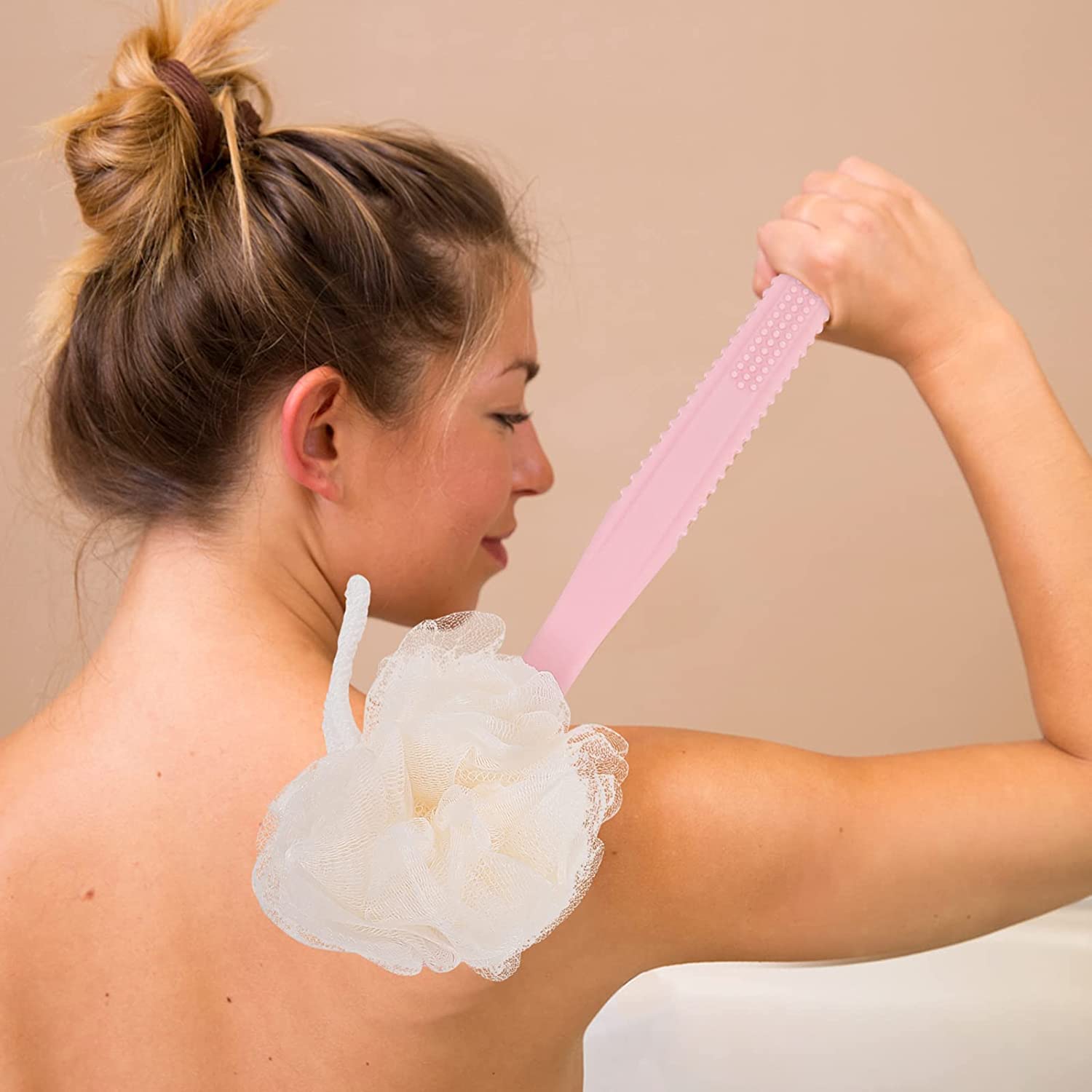 RRJ 2-in-1 Bath Brush with Soft & Firm Bristles + Loofah | Long Curved Handle Back Scrubber | Exfoliating Shower Body Brush for Wet/Dry Use | Men & Women Skin Care | ABS Plastic (Multi-Color) | Perfect for Deep Cleansing, Back Exfoliation & Spa Relaxation