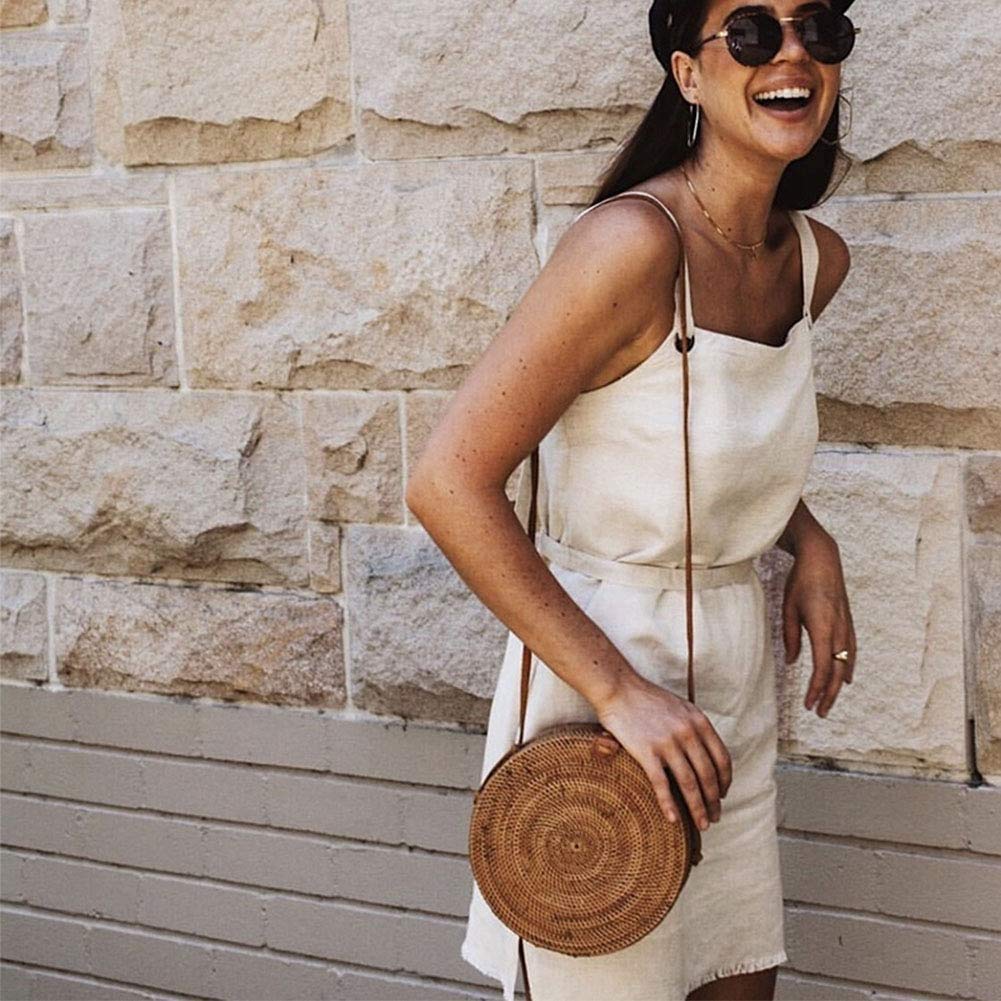 Handwoven Round Rattan Bag for Women - Beach Straw Crossbody Purse with Leather Strap - Perfect for Summer Outings, Vacations & Boho Fashion Accessories