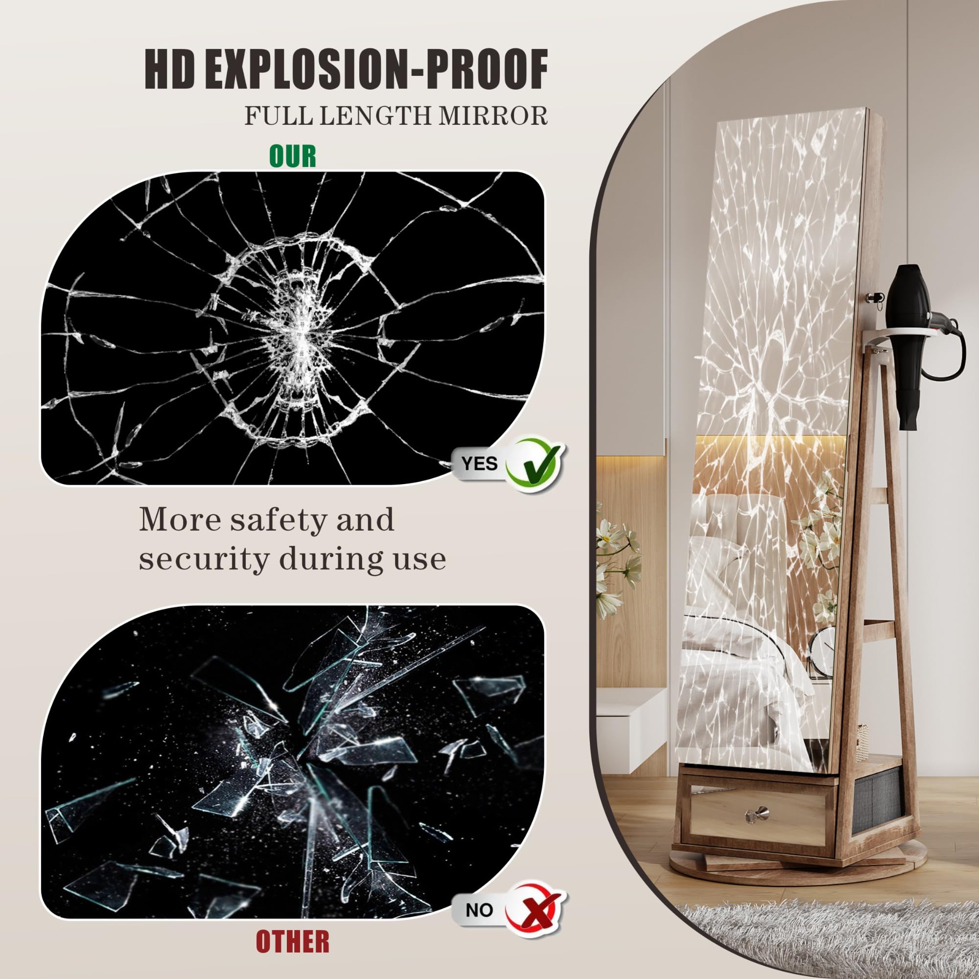 HWB Full Length Mirror with Storage - Standing Jewelry Cabinet with LED Lights, 360° Rotatable Jewelry Armoire Organizer with Foldable Makeup Shelf, Brown - Perfect for Bedroom, Dressing Room & Closet Organization