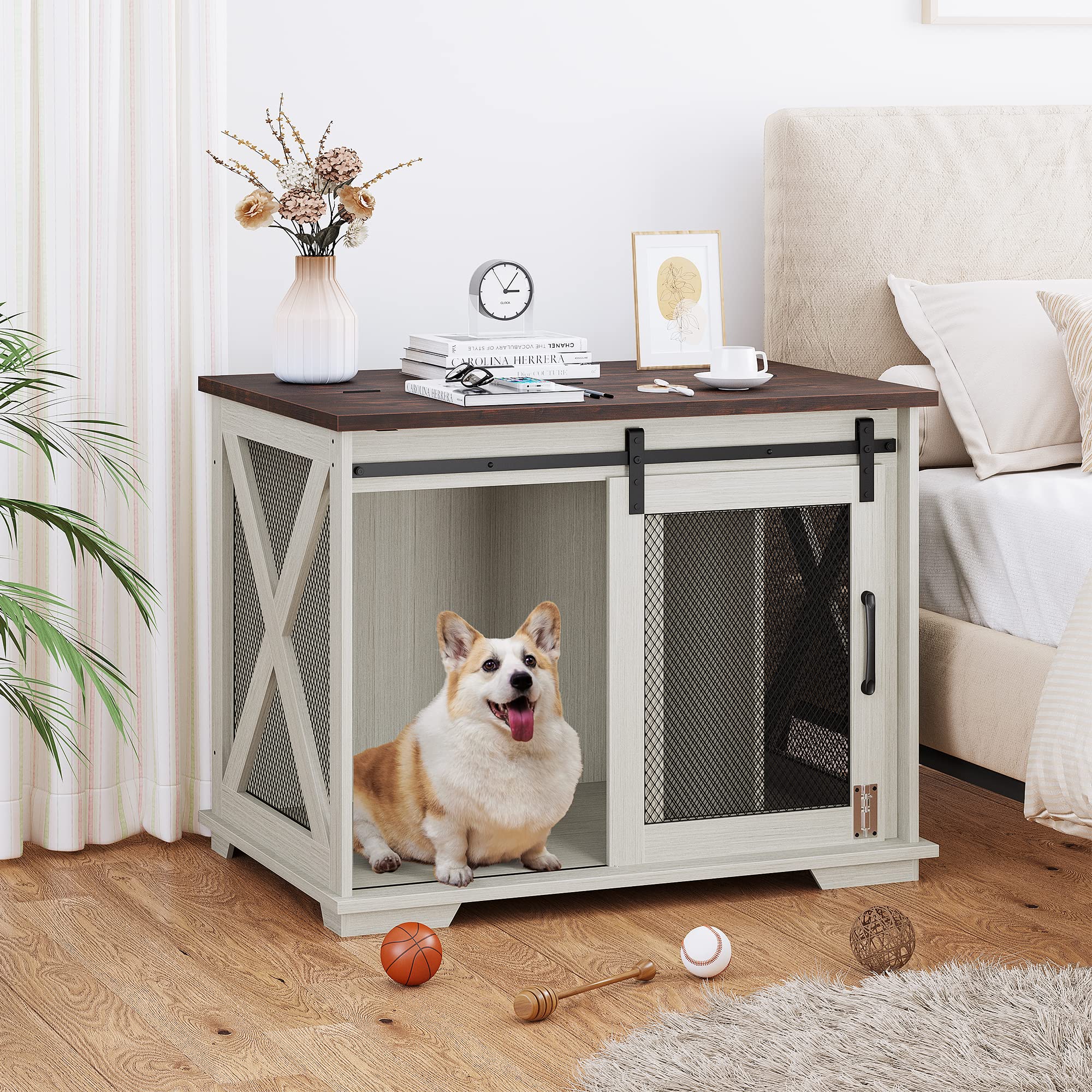 GARVEE 37 Inch Wooden Dog Crate Furniture - Flip Top End Table with Movable Divider, Large Pet Kennel Side Table in White | Perfect for Living Room, Bedroom & Home Decor