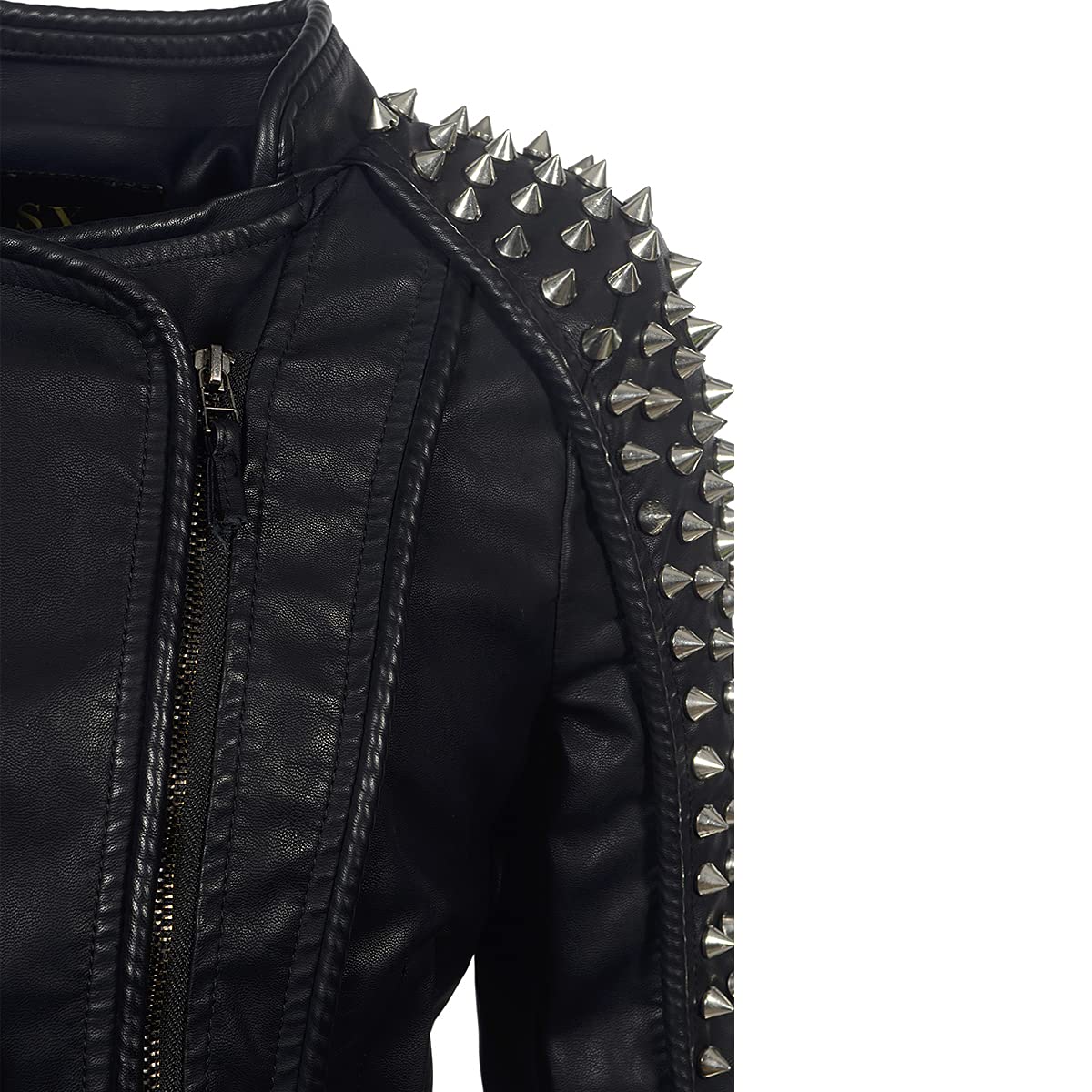 Women's Punk Rivet Motorcycle Jacket - Asymmetric Zipper Faux Leather Biker Coat with Studded Details | Perfect Fit for Riding, Concerts & Edgy Street Style