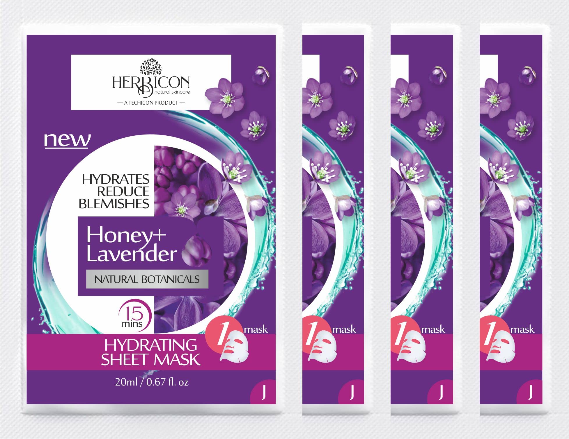 Herbicon Honey & Lavender Face Sheet Mask - Lightweight, Soothing & Brightening Skincare - 20g (4-Pack) | Perfect for Relaxing Spa Nights & Glowing Skin Care Routine